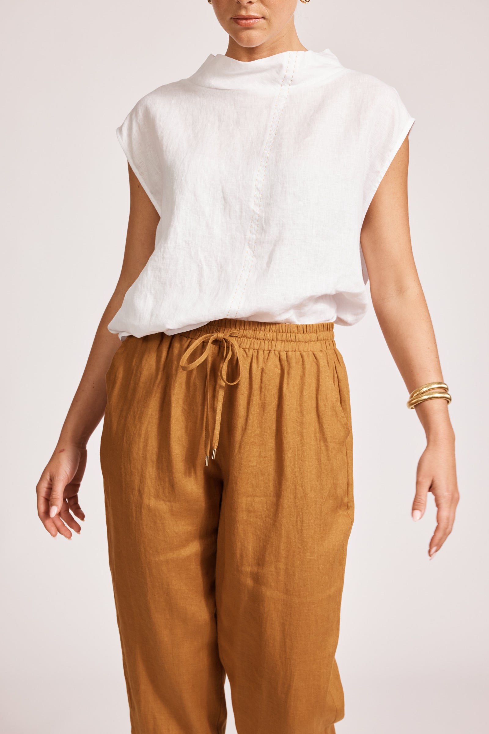 Eb&Ive Miramar Linen pant Relaxed linen jogger summer drawstring waist slim tapered leg caramel
