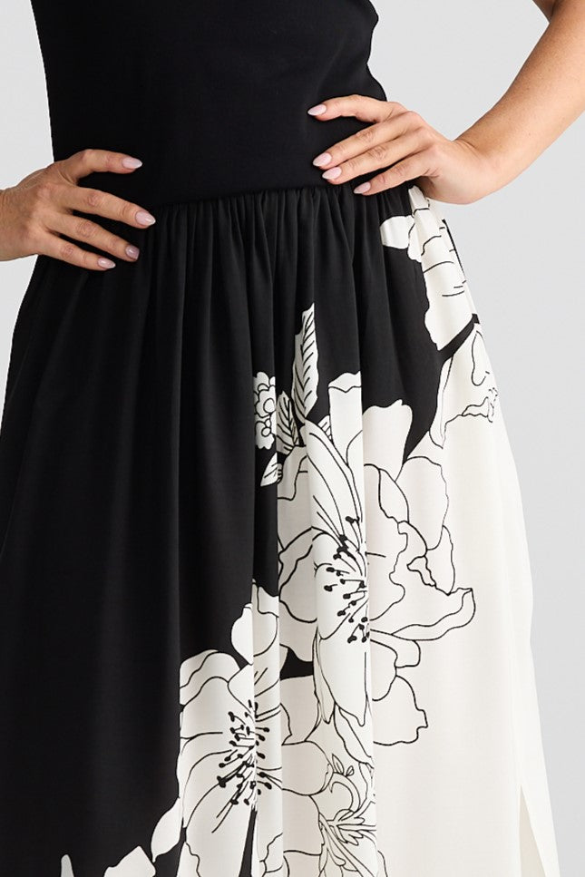 Brave and True Maya Dress Noir Bloom black white floral print New Years Eve Dress Midi Christmas Skirt