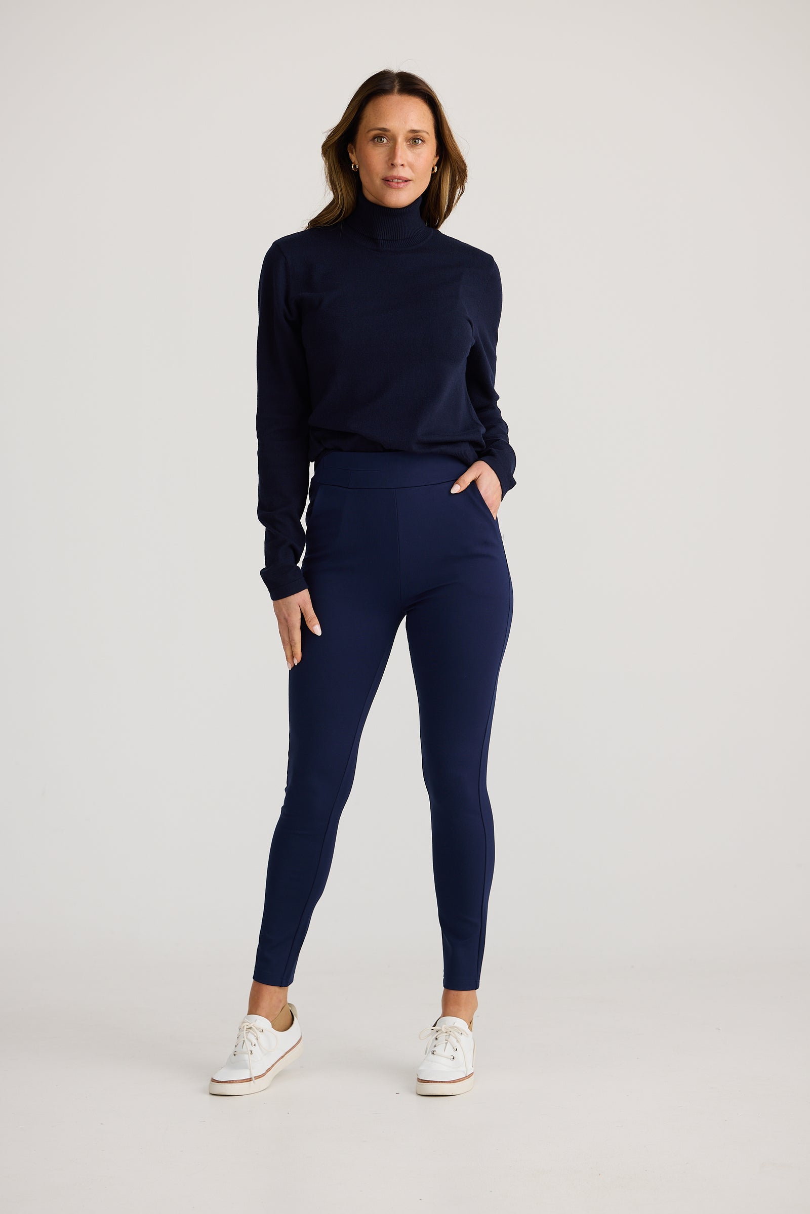 Brave + True pilot pant skinny stretch work pant ponte with pockets Navy