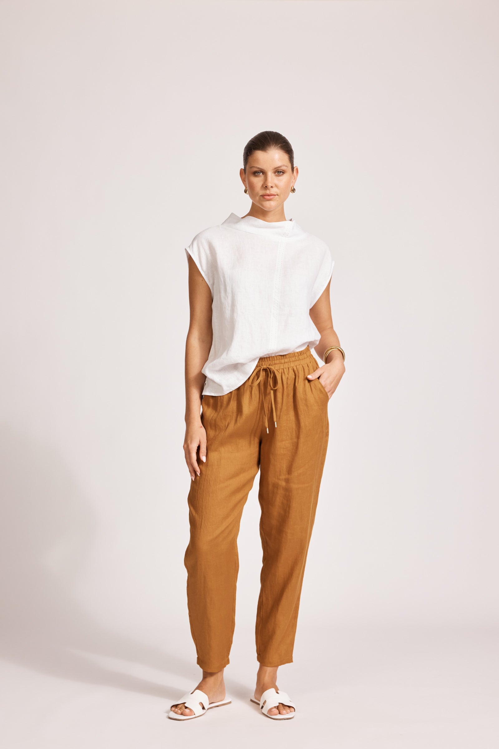 Eb&Ive Miramar Linen pant Relaxed linen jogger summer drawstring waist slim tapered leg caramel