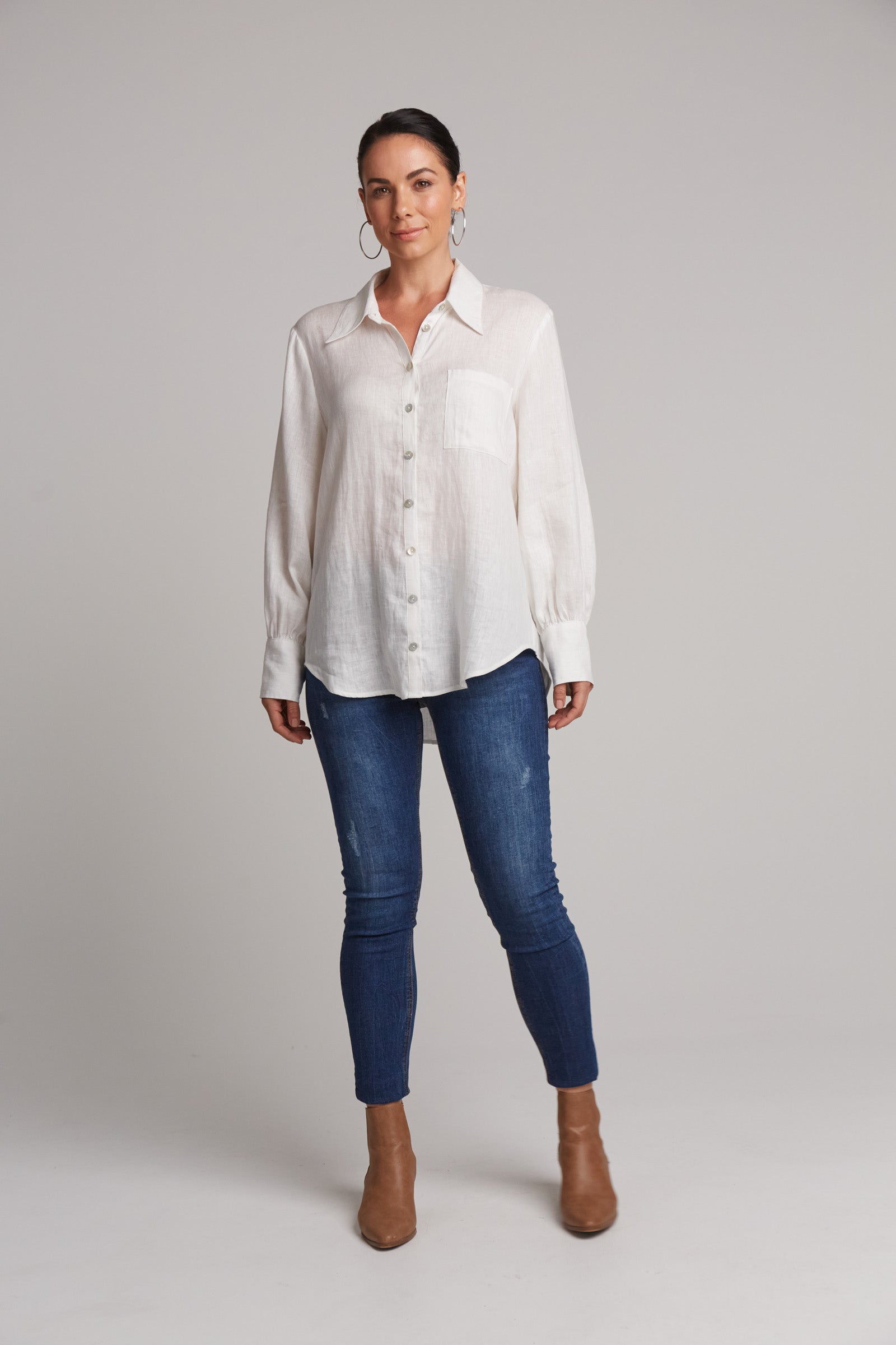 Eb&Ive Studio Linen Button Front Shirt Top Collar Work Shirt Long Sleeve