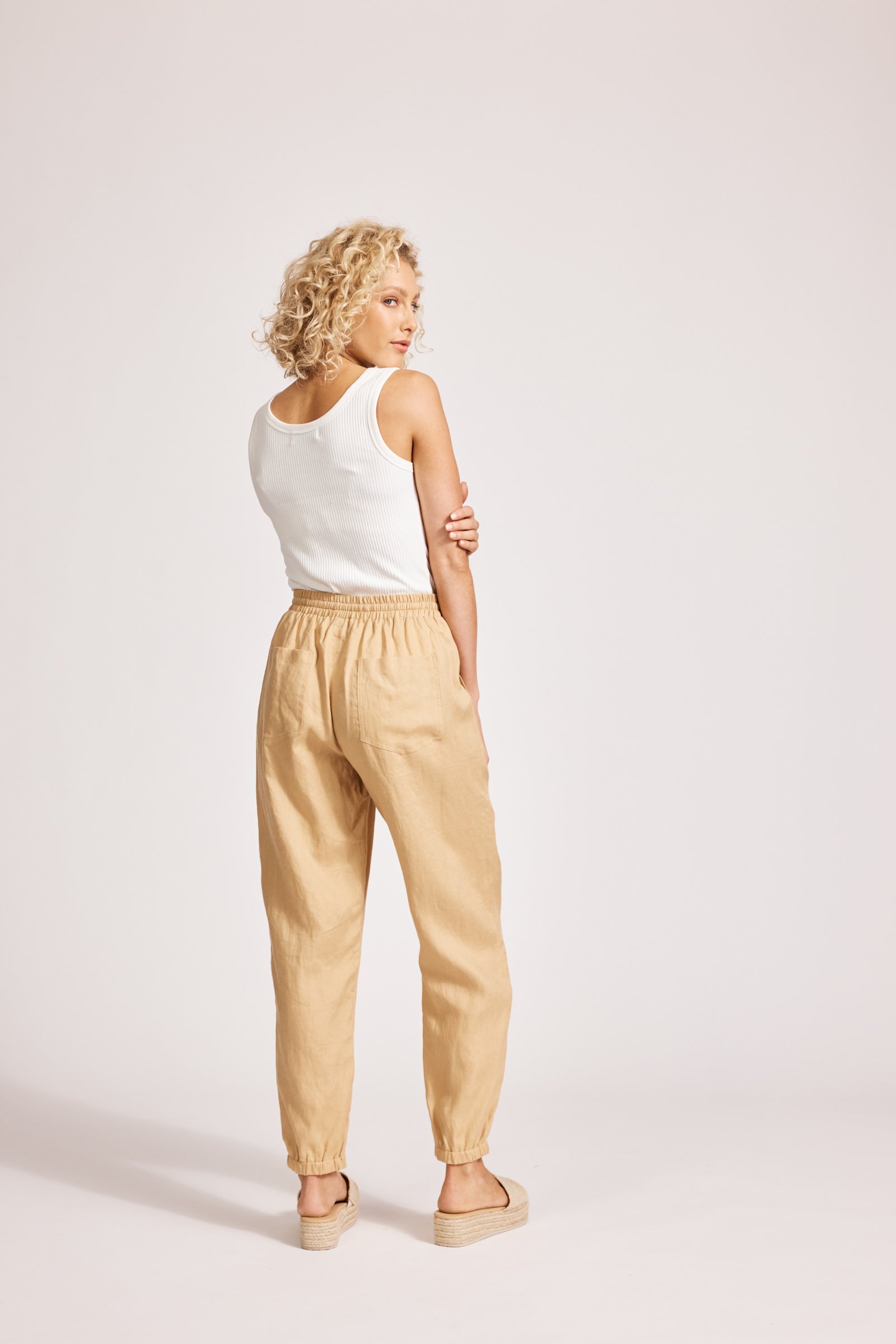 Eb&Ive Miramar Linen pant Relaxed linen jogger summer drawstring waist slim tapered leg camel