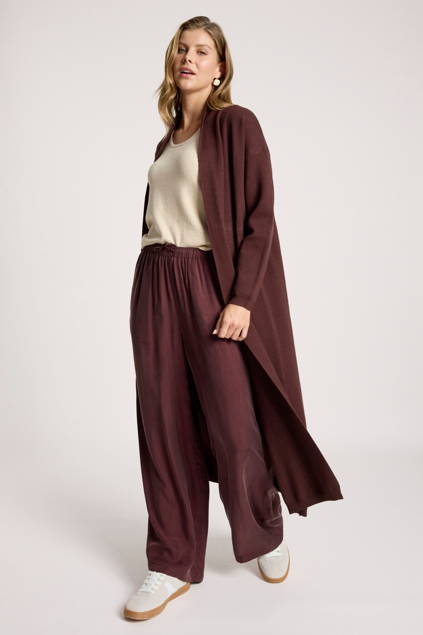 Calista Cupro Pant Mahogany Wide straight leg work wear evening burgundy drawstring pant