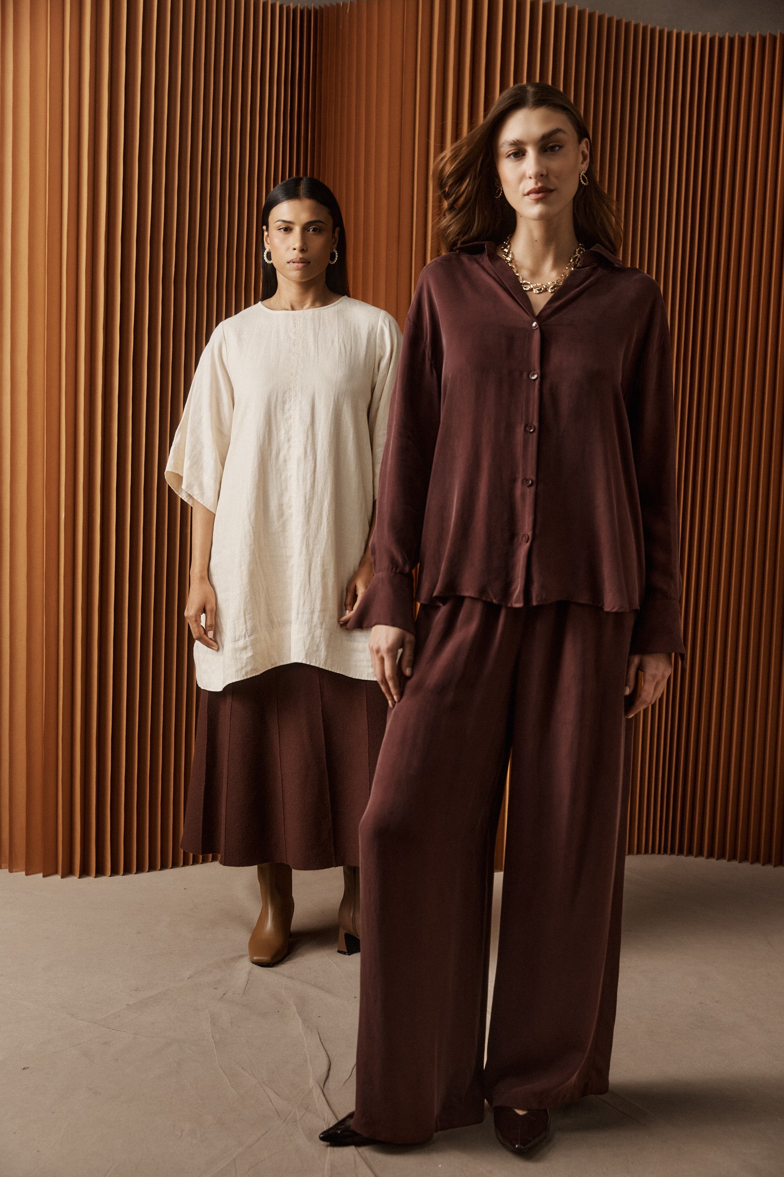 Calista Cupro Pant Mahogany Wide straight leg work wear evening burgundy drawstring pant