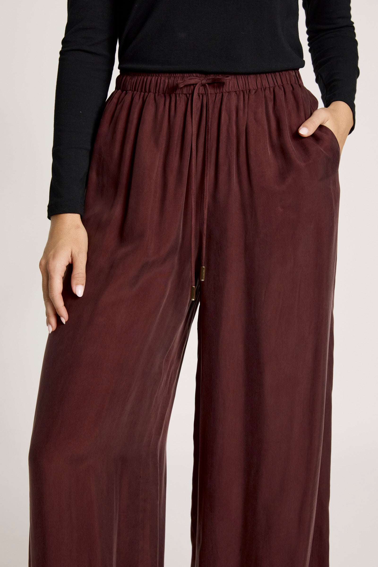 Calista Cupro Pant Mahogany Wide straight leg work wear evening burgundy drawstring pant