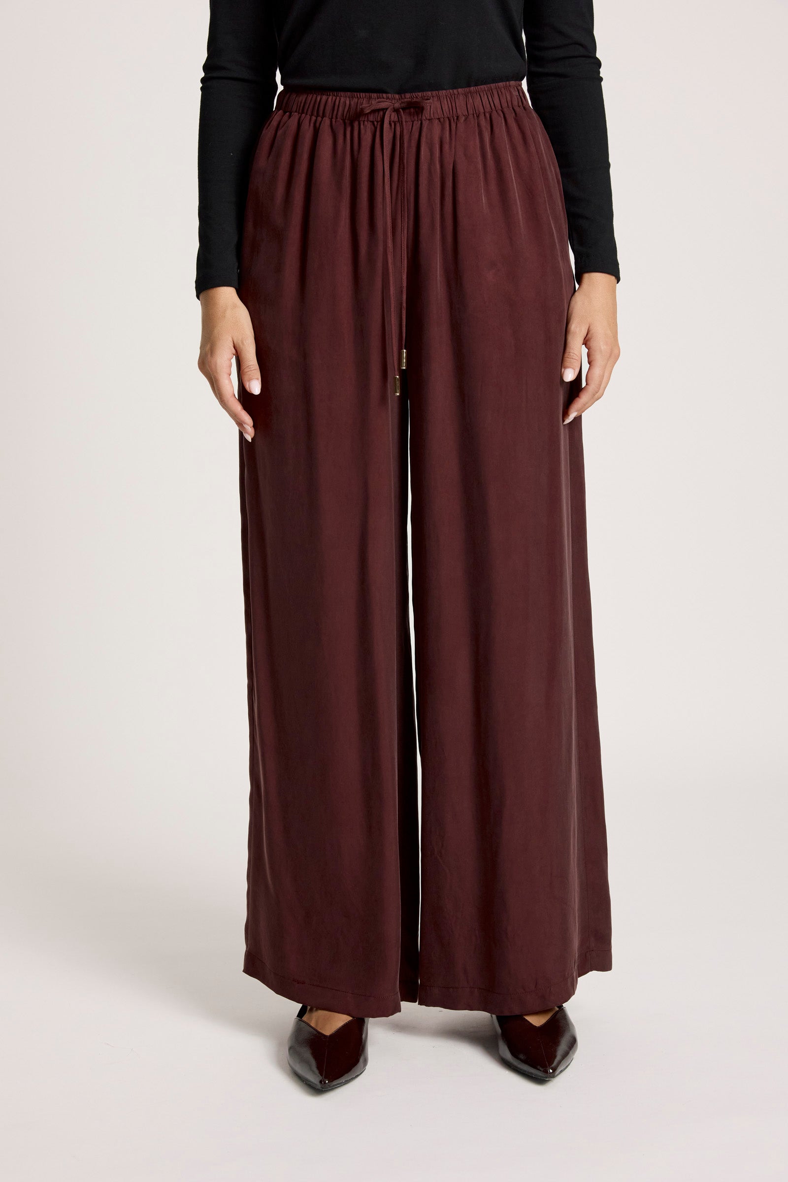 Calista Cupro Pant Mahogany Wide straight leg work wear evening burgundy drawstring pant