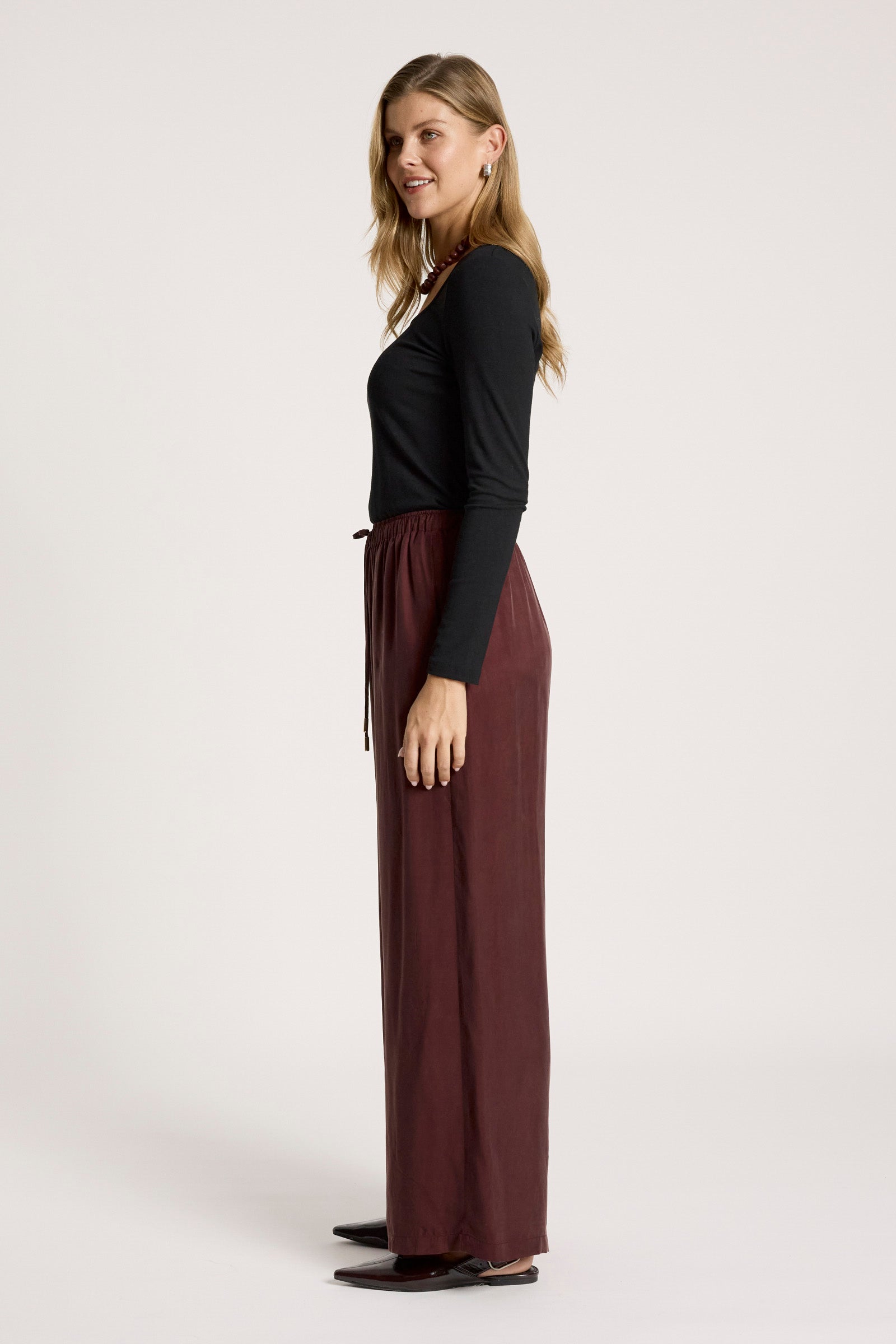Calista Cupro Pant Mahogany Wide straight leg work wear evening burgundy drawstring pant