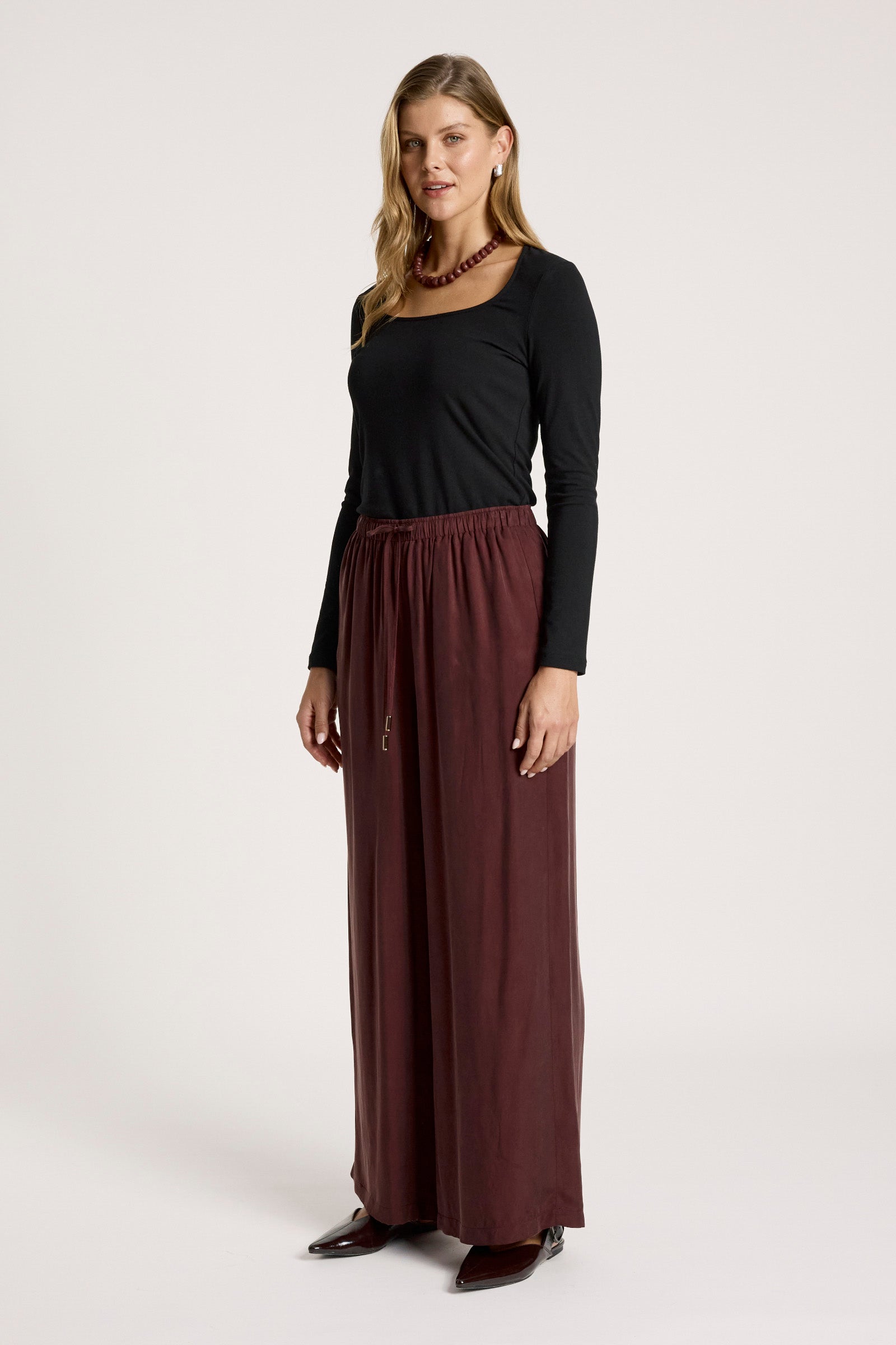 Calista Cupro Pant Mahogany Wide straight leg work wear evening burgundy drawstring pant