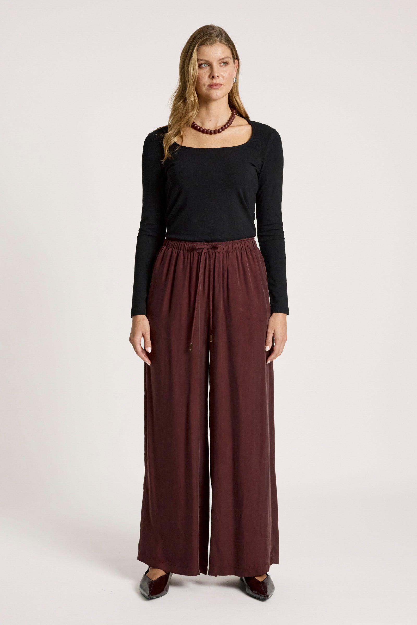 Calista Cupro Pant Mahogany Wide straight leg work wear evening burgundy drawstring pant