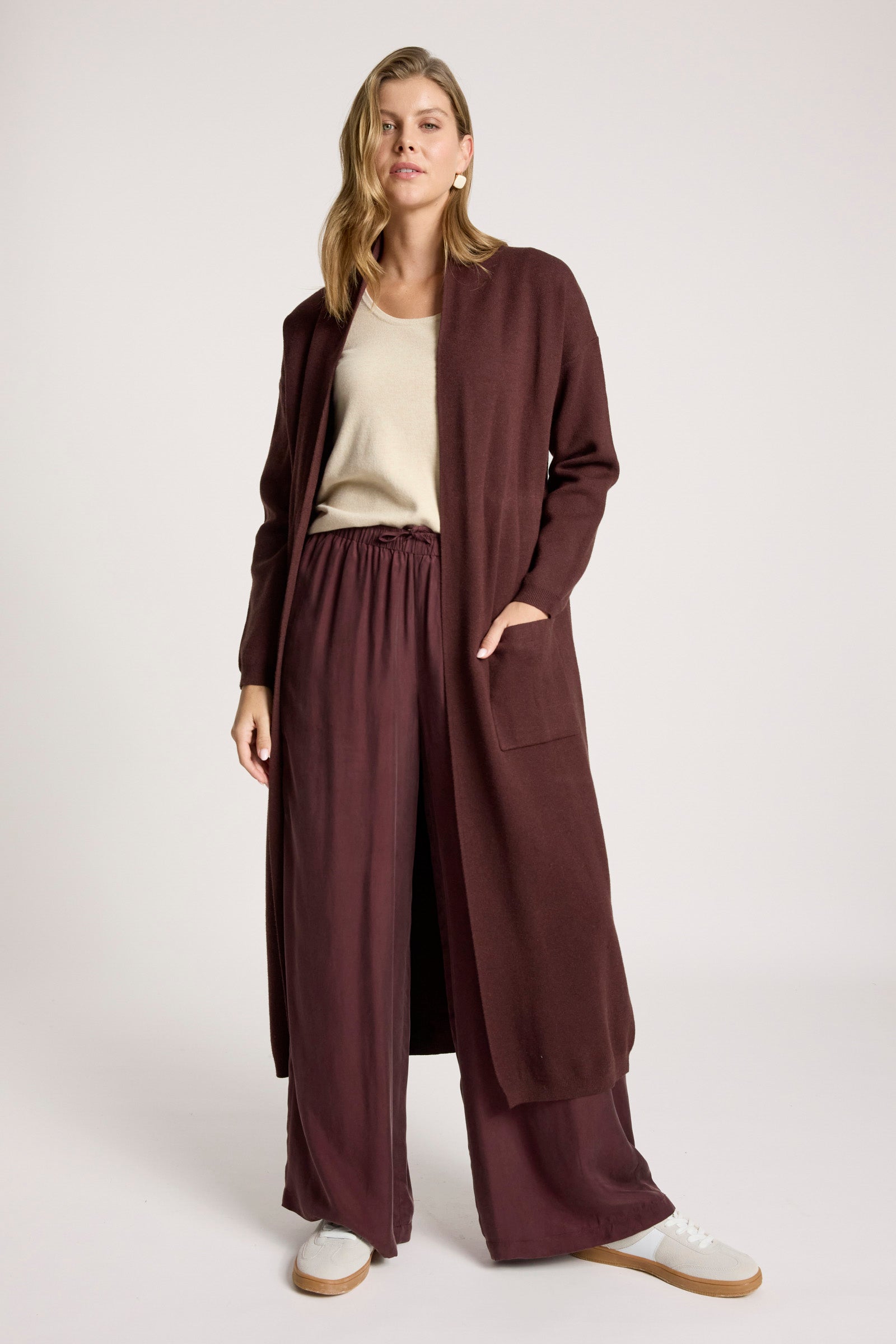 Calista Cupro Pant Mahogany Wide straight leg work wear evening burgundy drawstring pant
