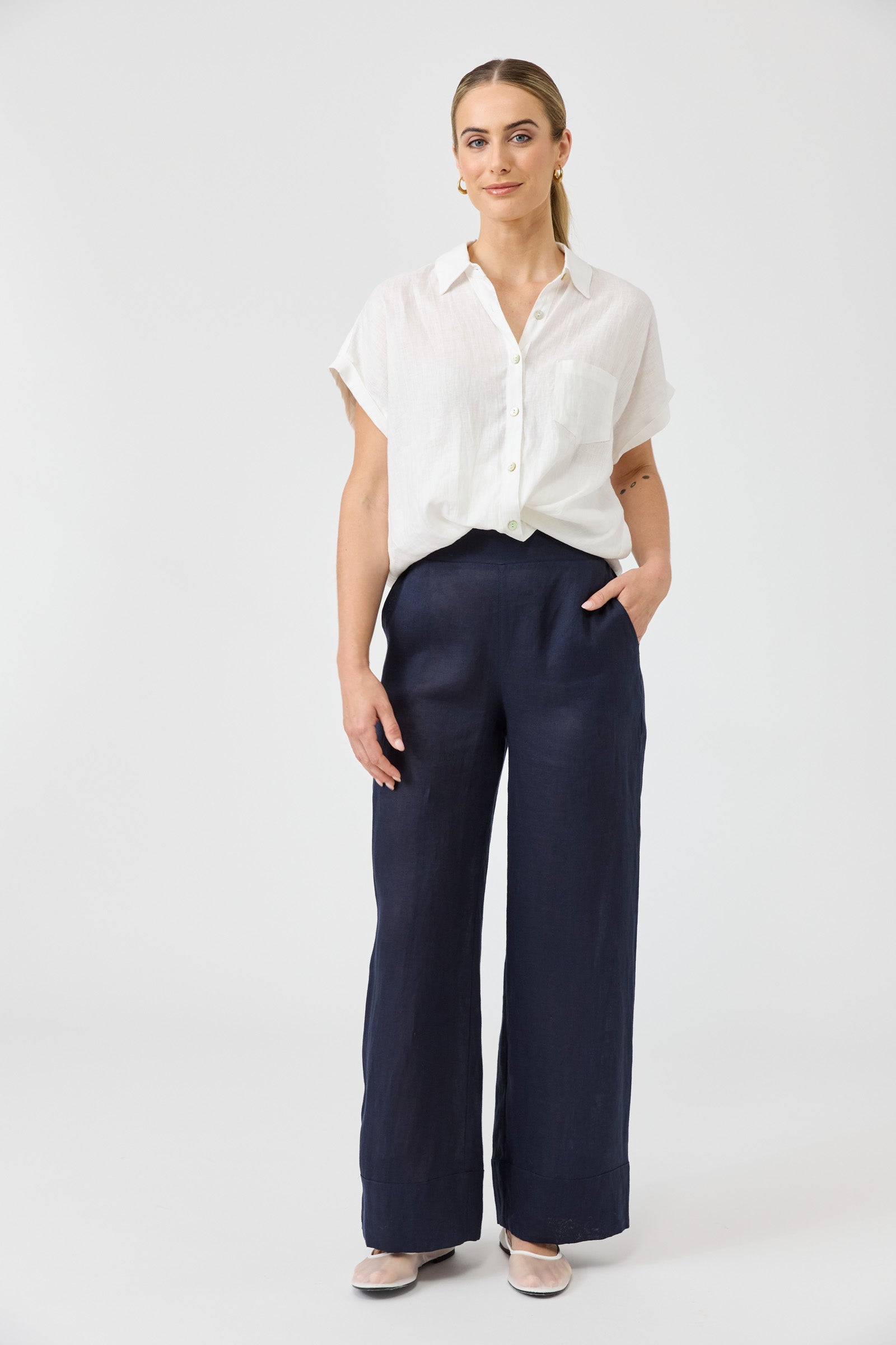 Eb&Ive Studio Linen Long Straight Wide Pant Navy Work Pant