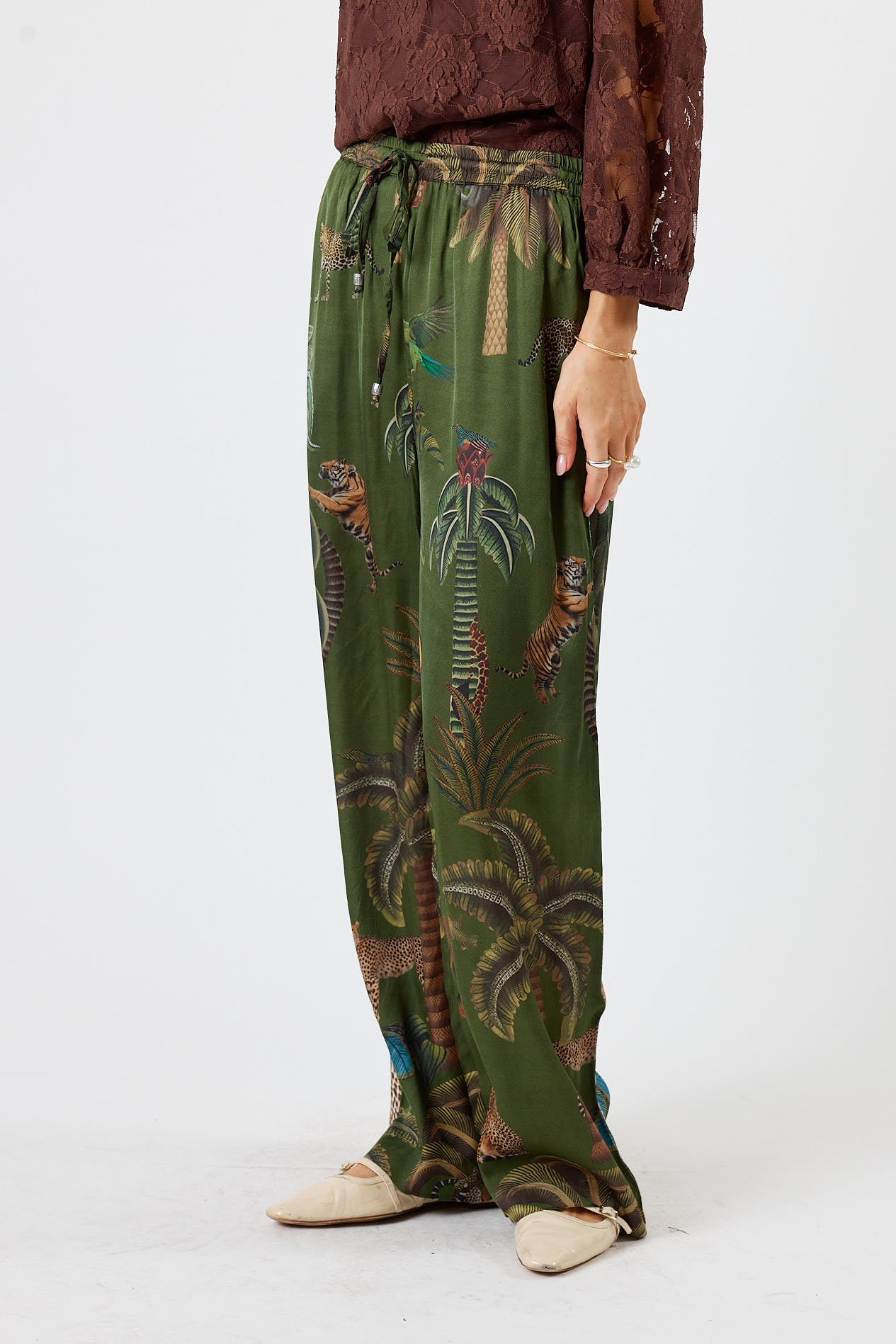 LulaSoul cheetah Vintage & retro all over jungle print statement bold Animal print with palms soft satin straight leg pant Side stripe women’s fashion matching set coordinates two piece olive green
