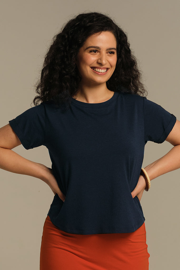 Bamboo Body Shorter Bamboo Cotton Tee - Dark Navy Blue Classic T-shirt Basic Crew Neck short Sleeve
