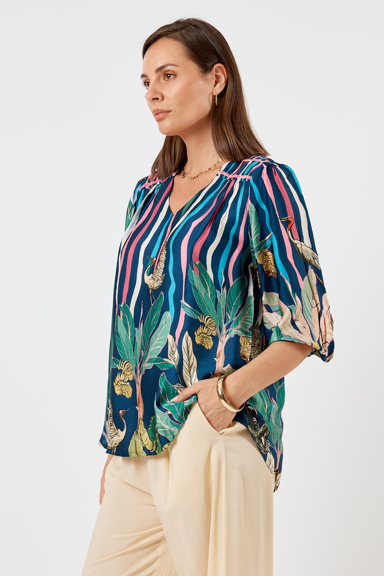 LulaSoul Cambridge Vintage & retro all over floral stripe print statement bold jungle print soft satin button up Shirt women’s fashion blouse