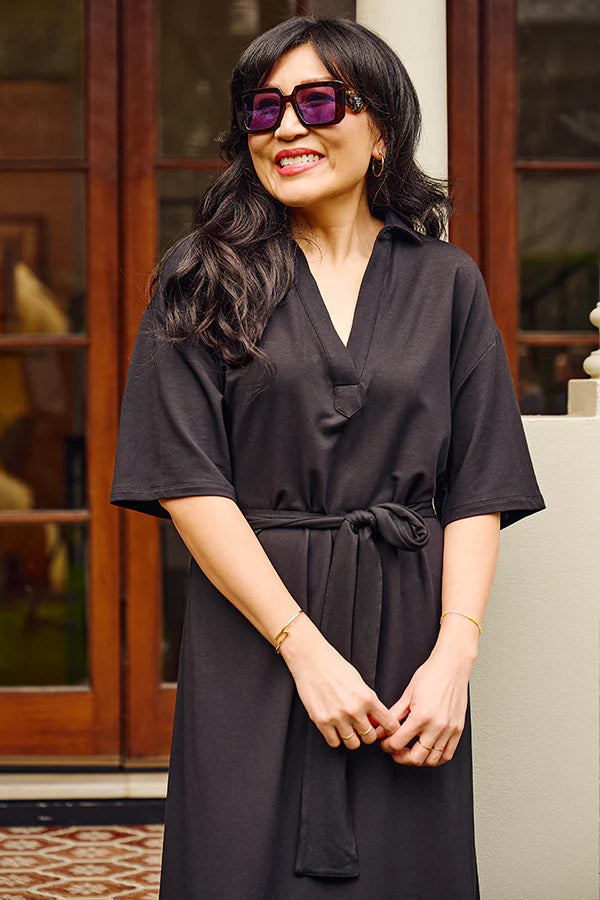 Bamboo Body Vivienne dress collar shirt organic Cotton Tee white Classic T-shirt dress Basic short Sleeve premium basic tee dress Minimalist aesthetic French Terry black sweater active travel