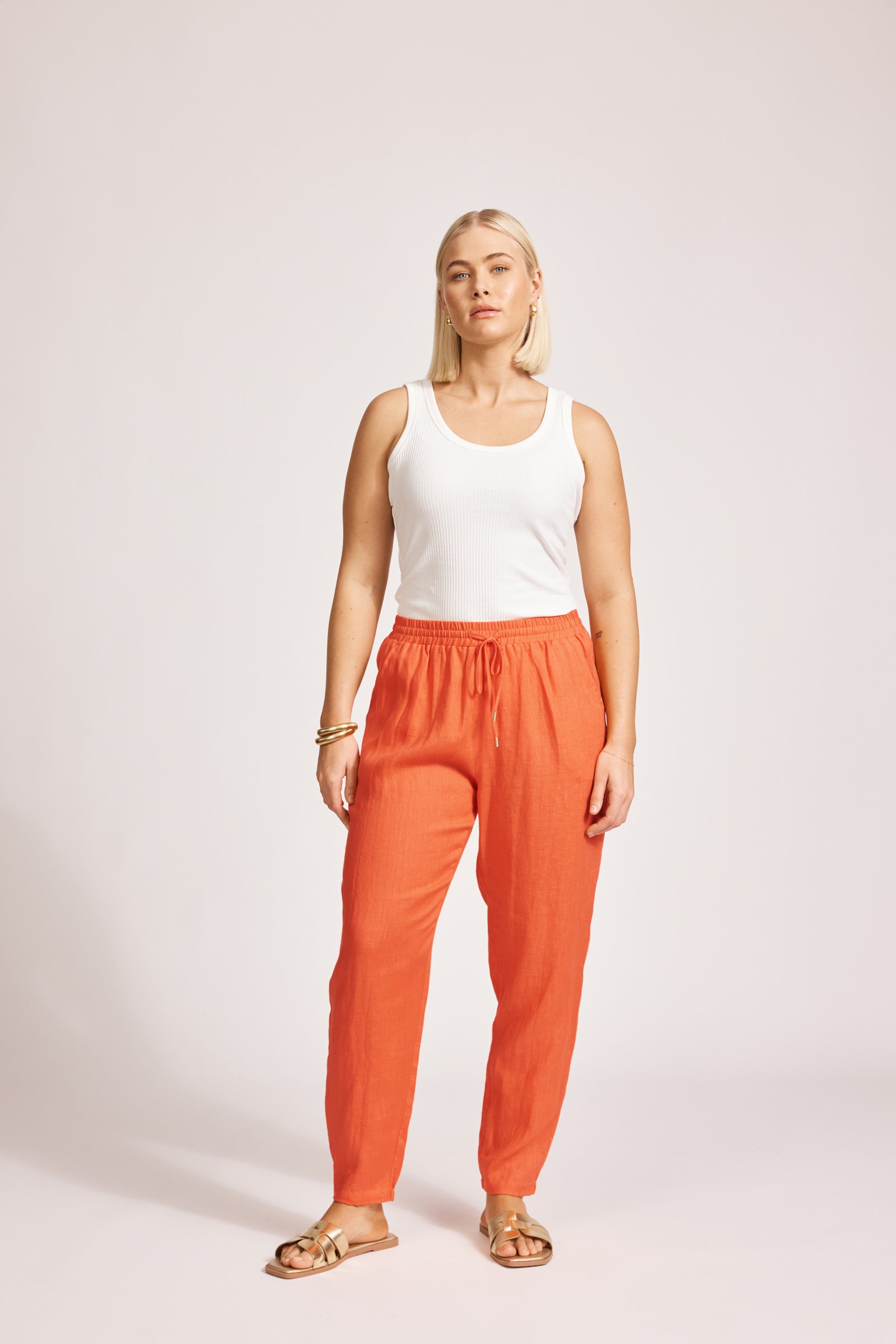 Eb&Ive Miramar Linen pant Relaxed linen jogger summer drawstring waist slim tapered leg coral orange
