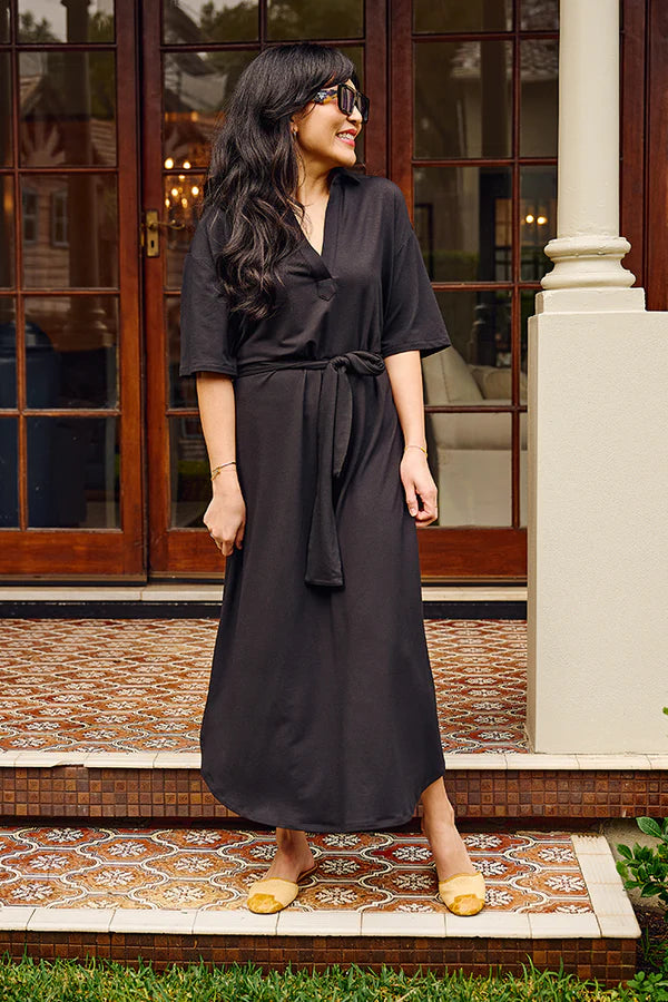 Bamboo Body Vivienne dress collar shirt organic Cotton Tee white Classic T-shirt dress Basic short Sleeve premium basic tee dress Minimalist aesthetic French Terry black sweater active travel