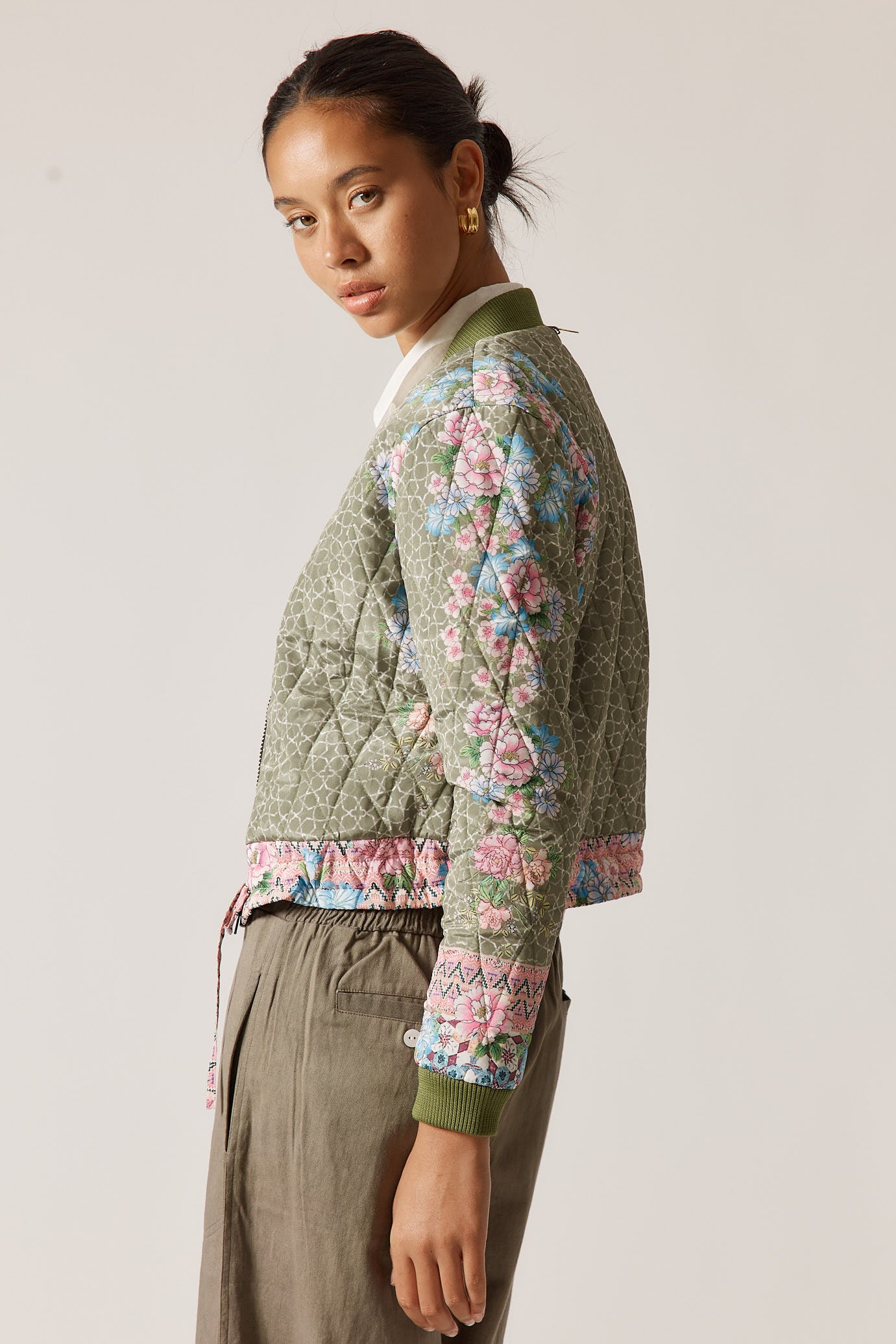 RubyYaya Daisy duke Vintage & retro all over floral print statement bold print quilted bomber jacket women’s fashion blush pink and khaki green