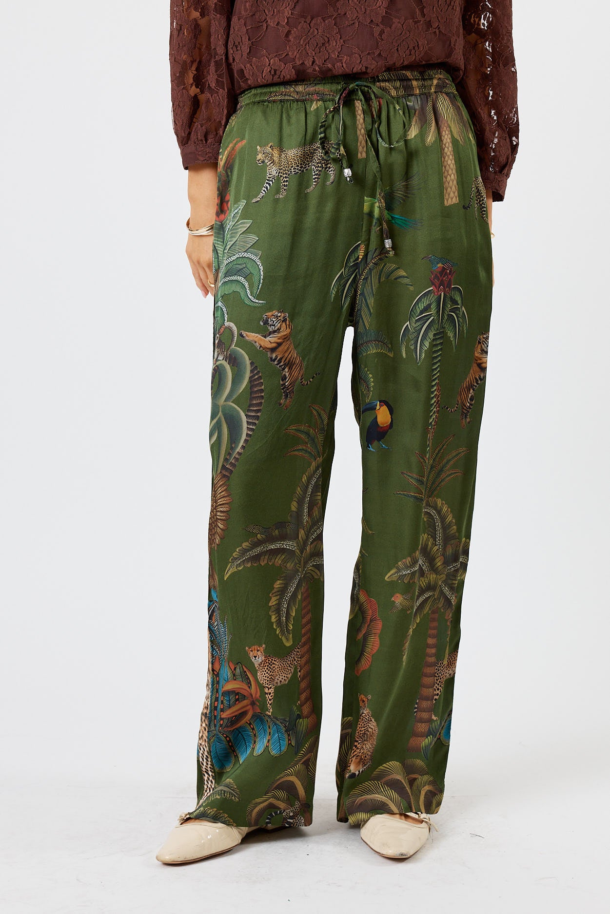 LulaSoul cheetah Vintage & retro all over jungle print statement bold Animal print with palms soft satin straight leg pant Side stripe women’s fashion matching set coordinates two piece olive green