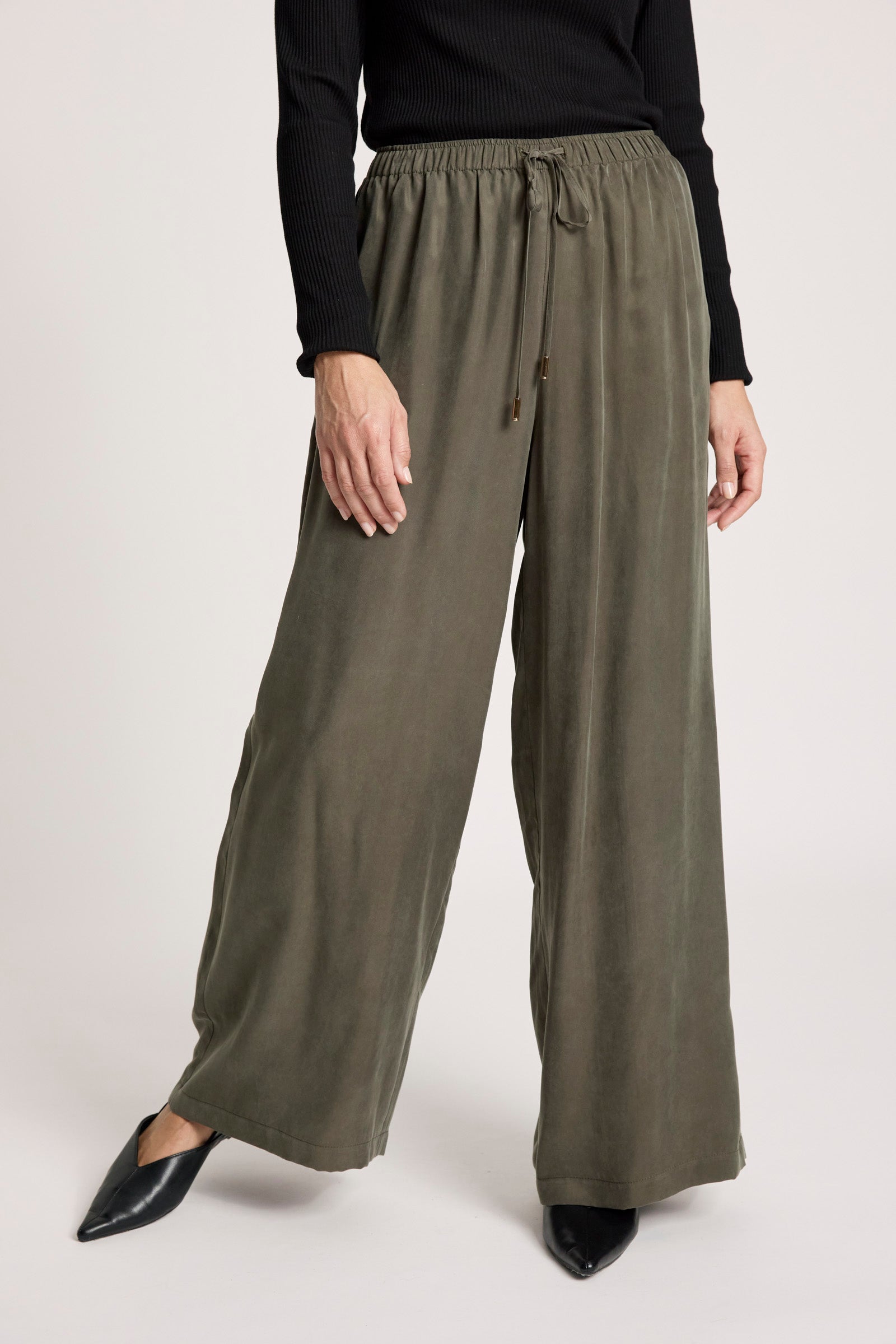 Eb&Ive Calista Cupro Pant Pampas Fern Green wide straight leg workwear smart casual evening wear drawstring trouser