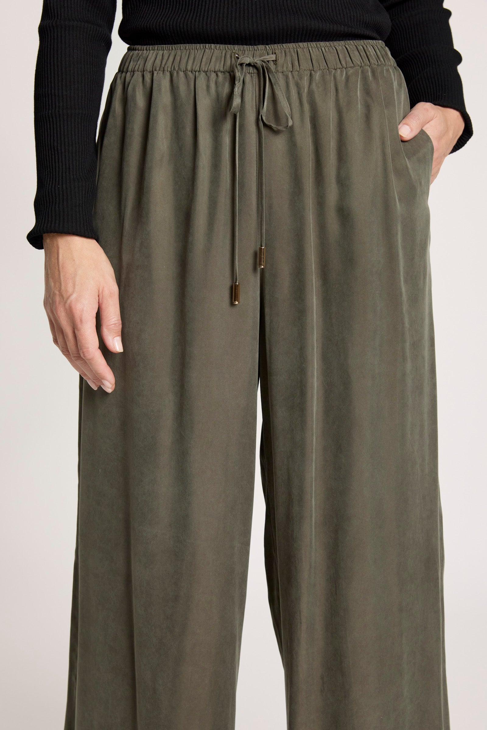 Eb&Ive Calista Cupro Pant Pampas Fern Green wide straight leg workwear smart casual evening wear drawstring trouser