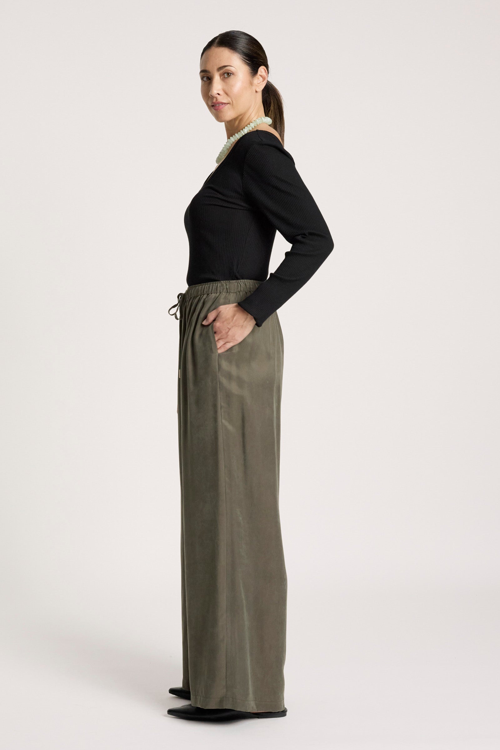 Eb&Ive Calista Cupro Pant Pampas Fern Green wide straight leg workwear smart casual evening wear drawstring trouser