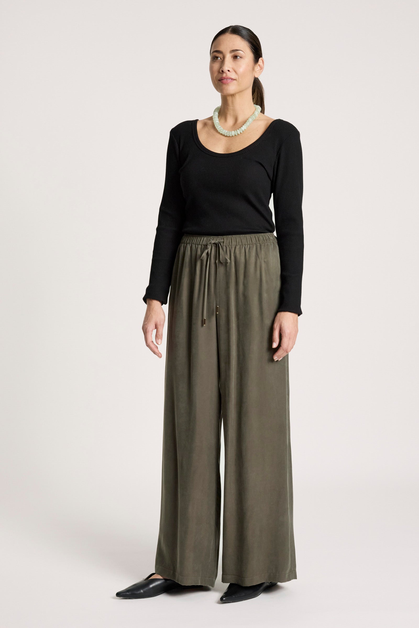 Eb&Ive Calista Cupro Pant Pampas Fern Green wide straight leg workwear smart casual evening wear drawstring trouser