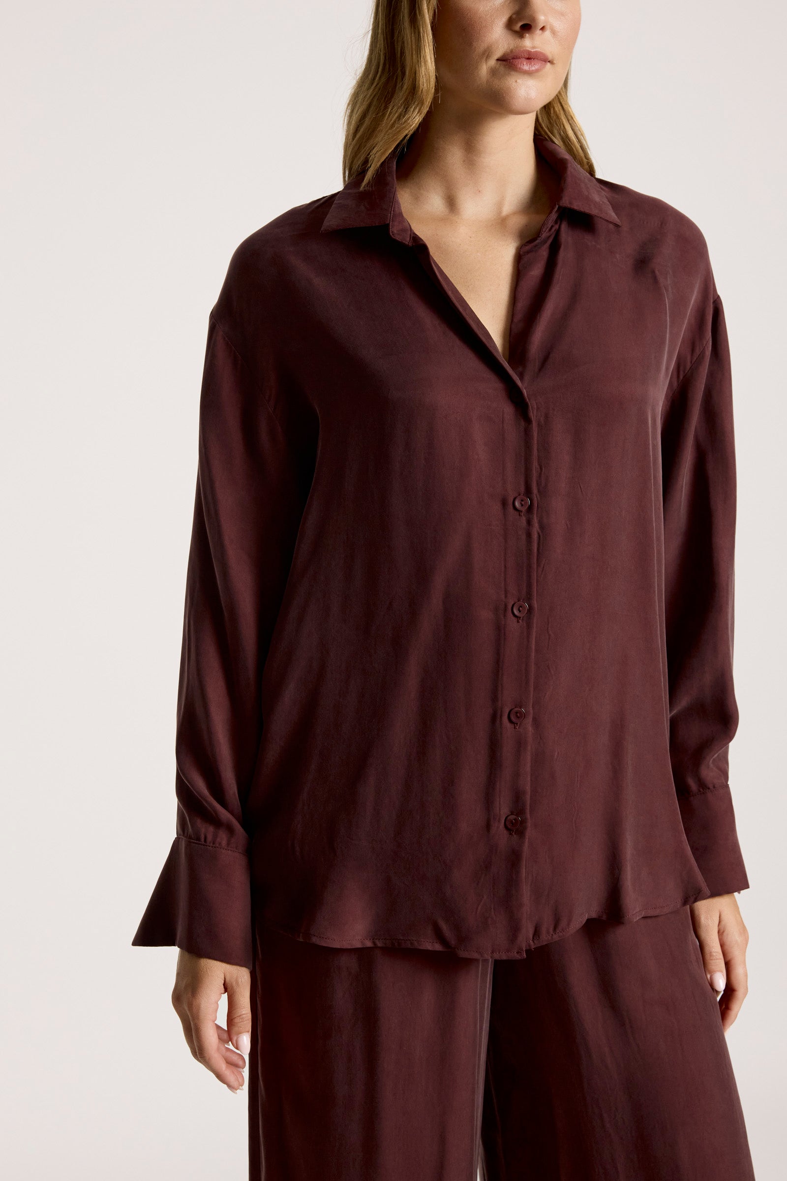 Eb&Ive Calista Cupro Shirt Mahogany Button up collar oversized relaxed shirt long sleeve burgundy workwear evening set