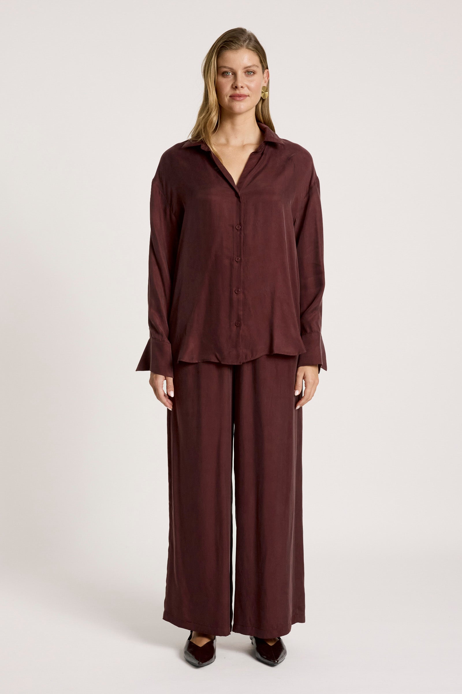 Eb&Ive Calista Cupro Shirt Mahogany Button up collar oversized relaxed shirt long sleeve burgundy workwear evening set