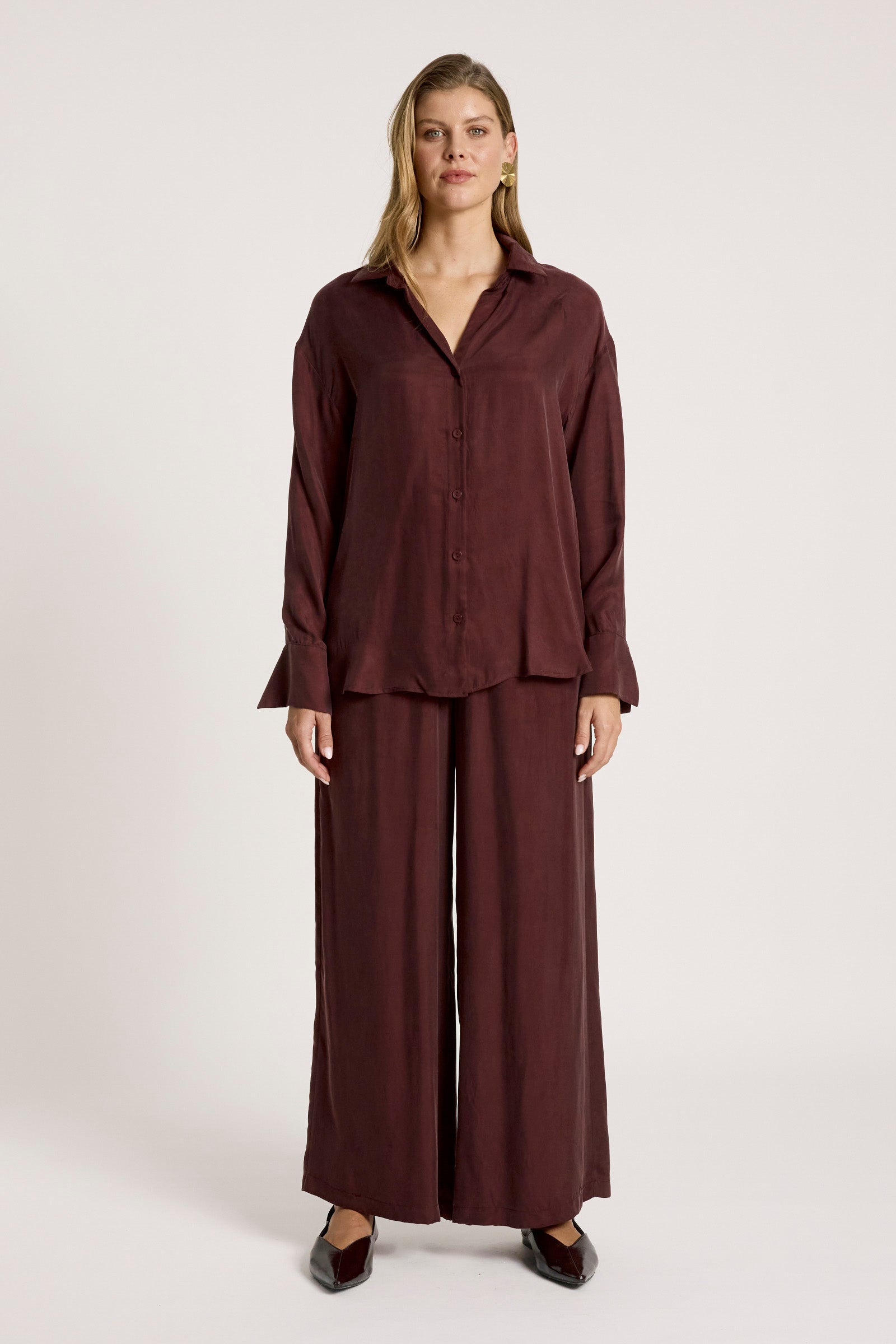 Eb&Ive Calista Cupro Shirt Mahogany Button up collar oversized relaxed shirt long sleeve burgundy workwear evening set