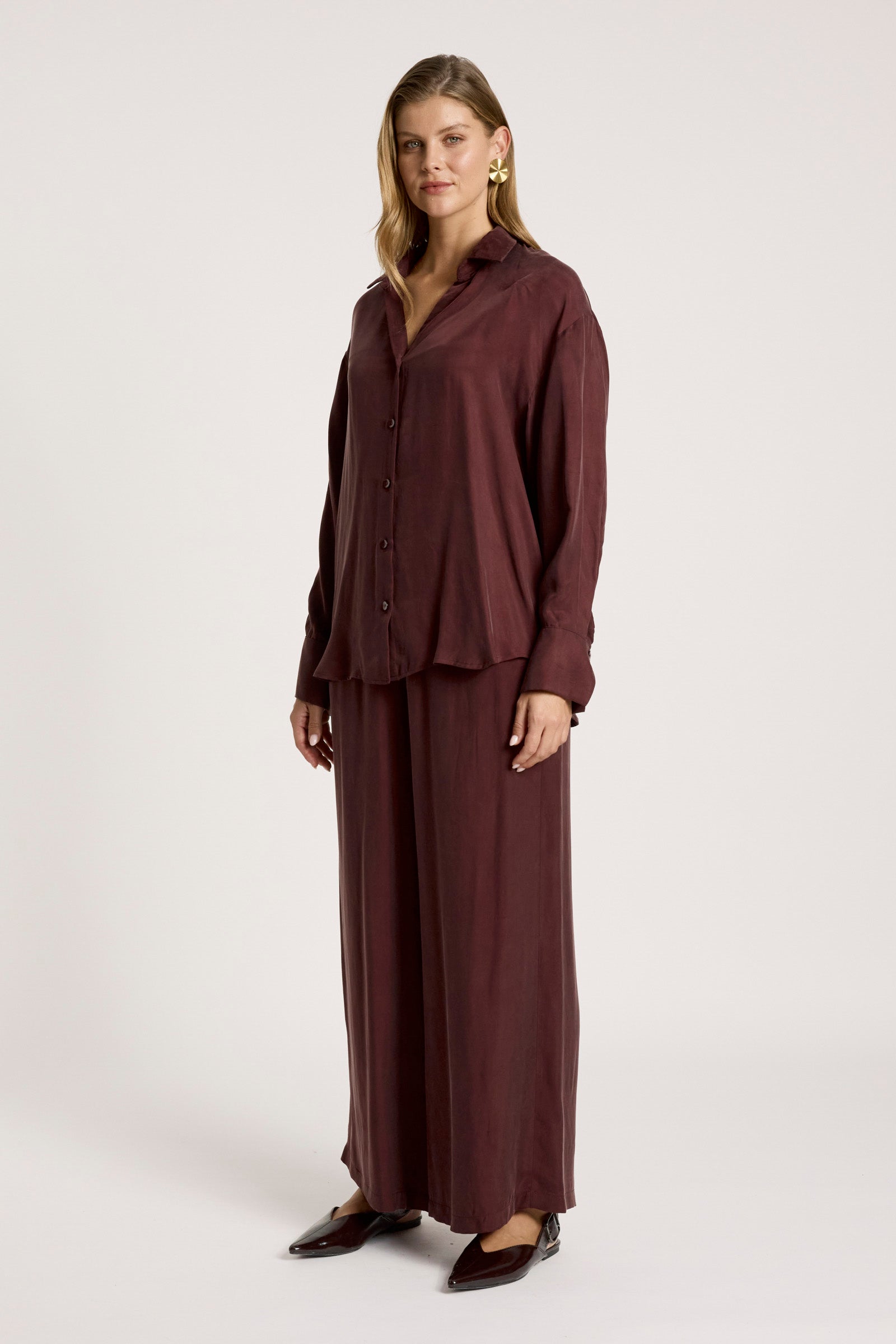 Eb&Ive Calista Cupro Shirt Mahogany Button up collar oversized relaxed shirt long sleeve burgundy workwear evening set