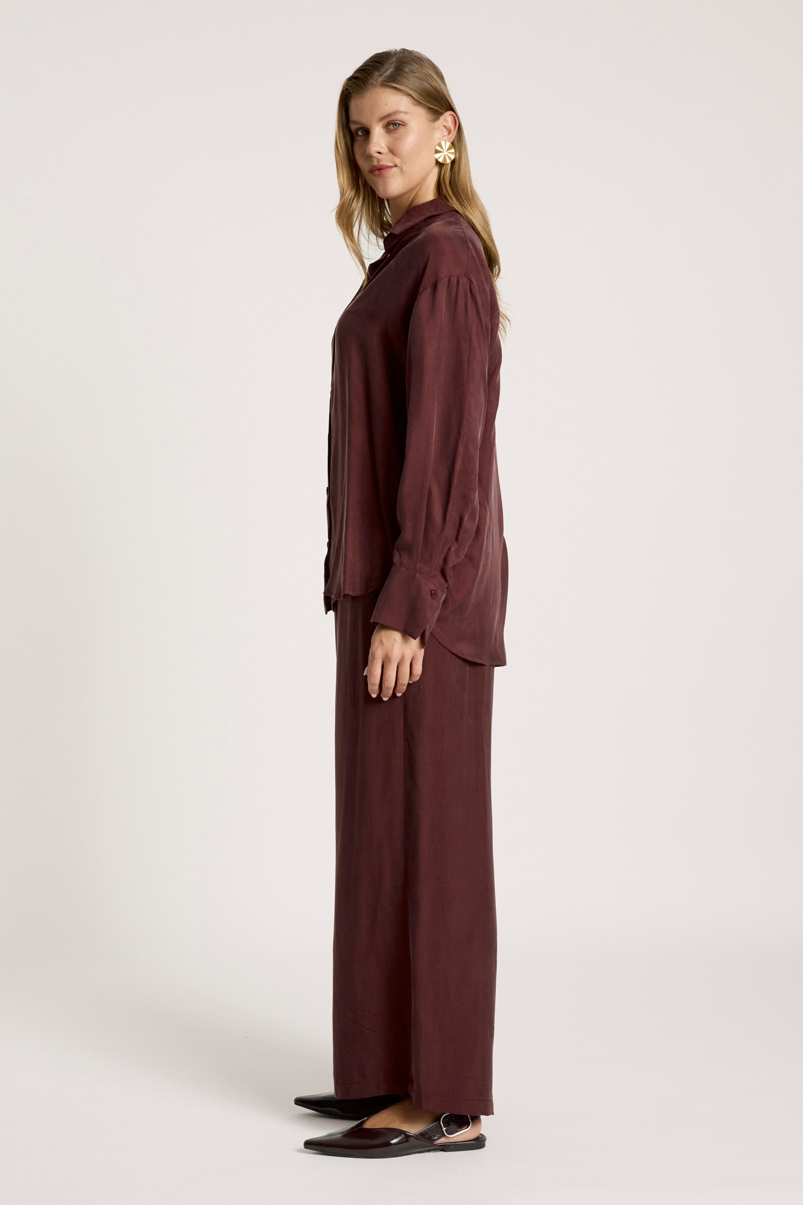 Eb&Ive Calista Cupro Shirt Mahogany Button up collar oversized relaxed shirt long sleeve burgundy workwear evening set