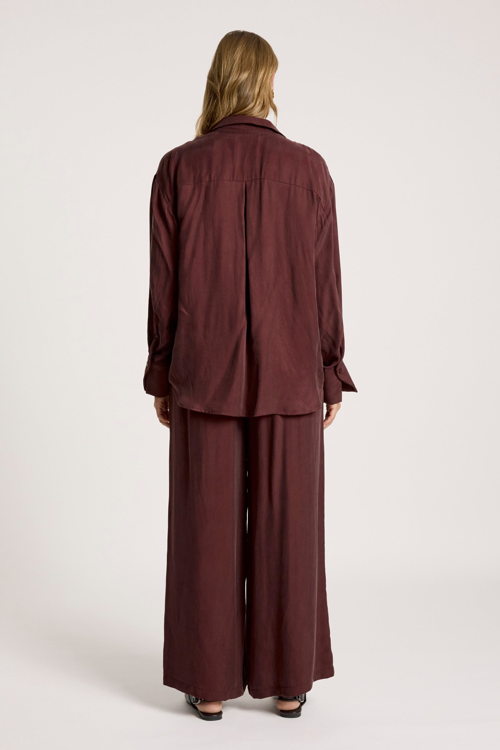 Eb&Ive Calista Cupro Shirt Mahogany Button up collar oversized relaxed shirt long sleeve burgundy workwear evening set