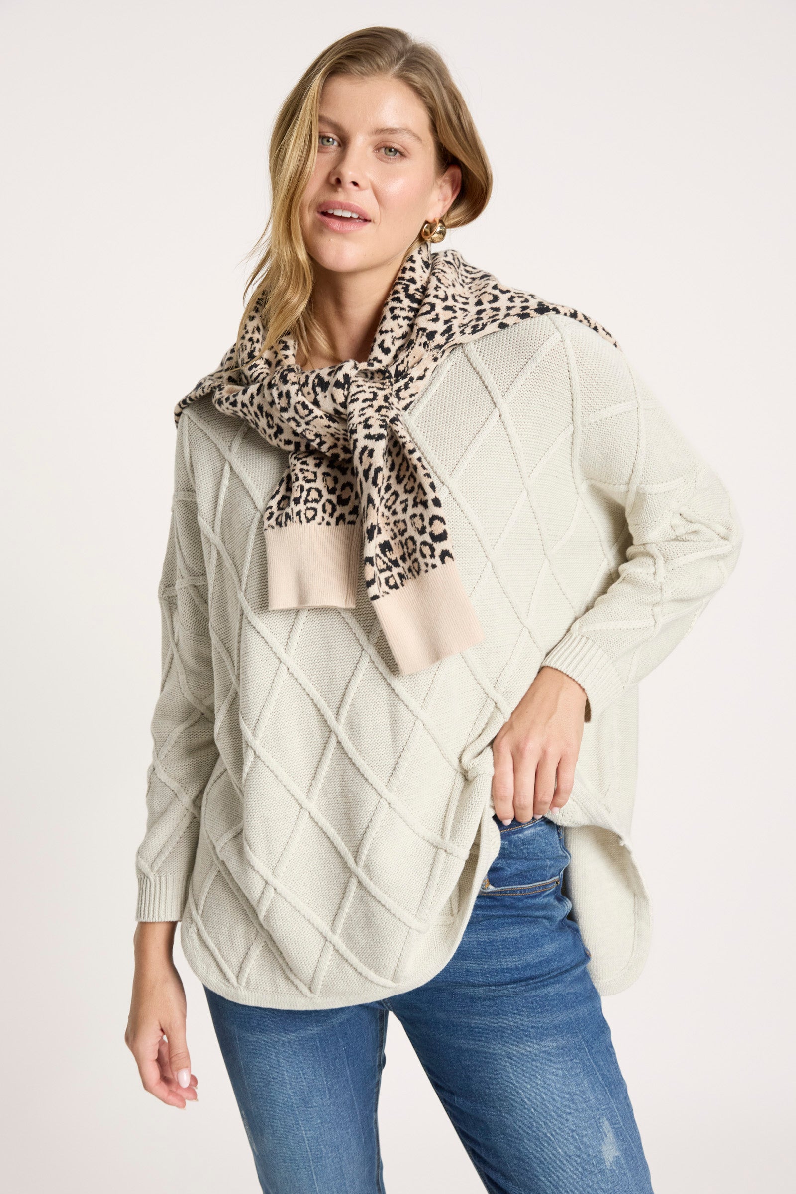 Eb&Ive Liora Relaxed Cotton Jumper Grey bisque ivory winter white relaxed weekend knit cable travel sweater