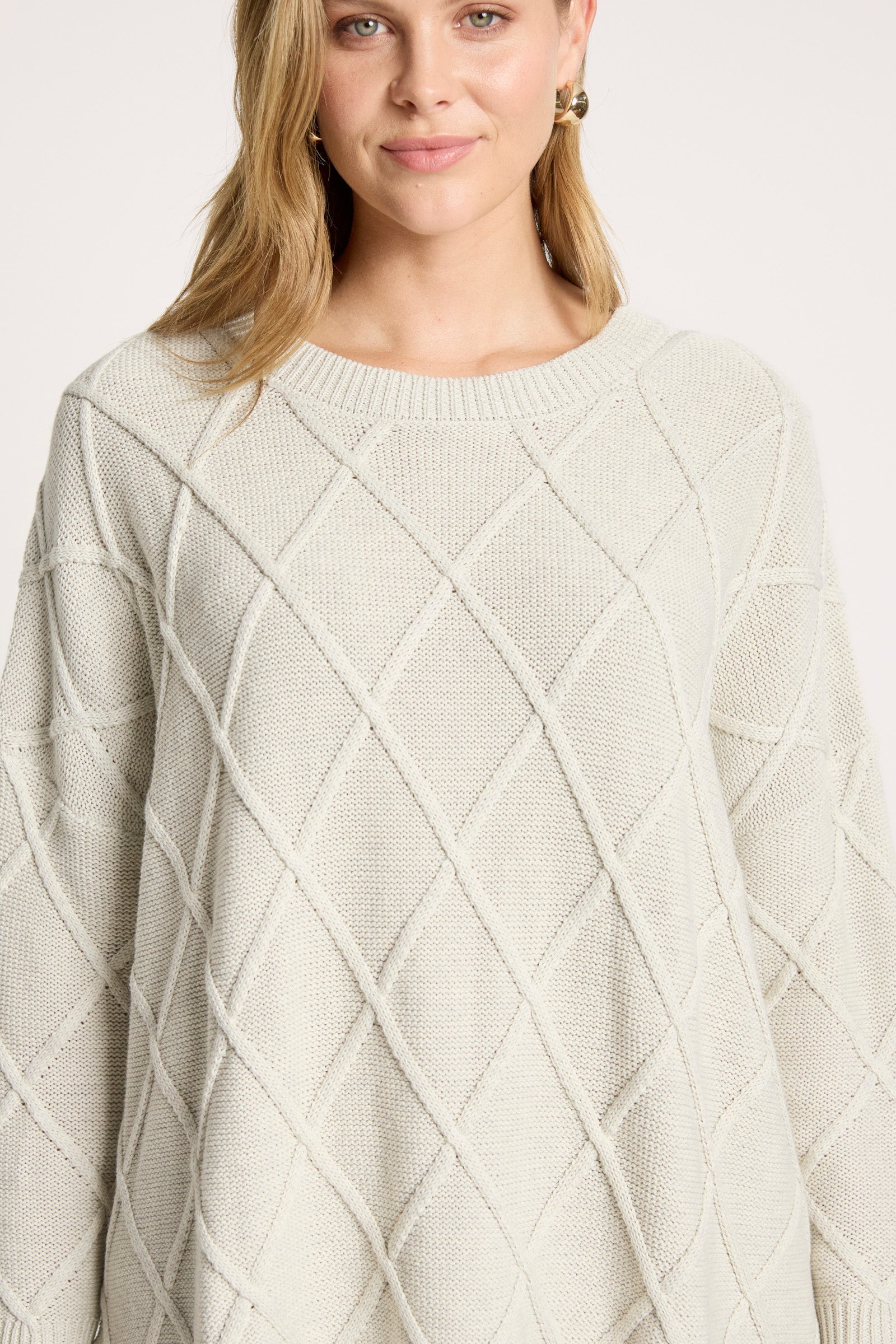 Eb&Ive Liora Relaxed Cotton Jumper Grey bisque ivory winter white relaxed weekend knit cable travel sweater