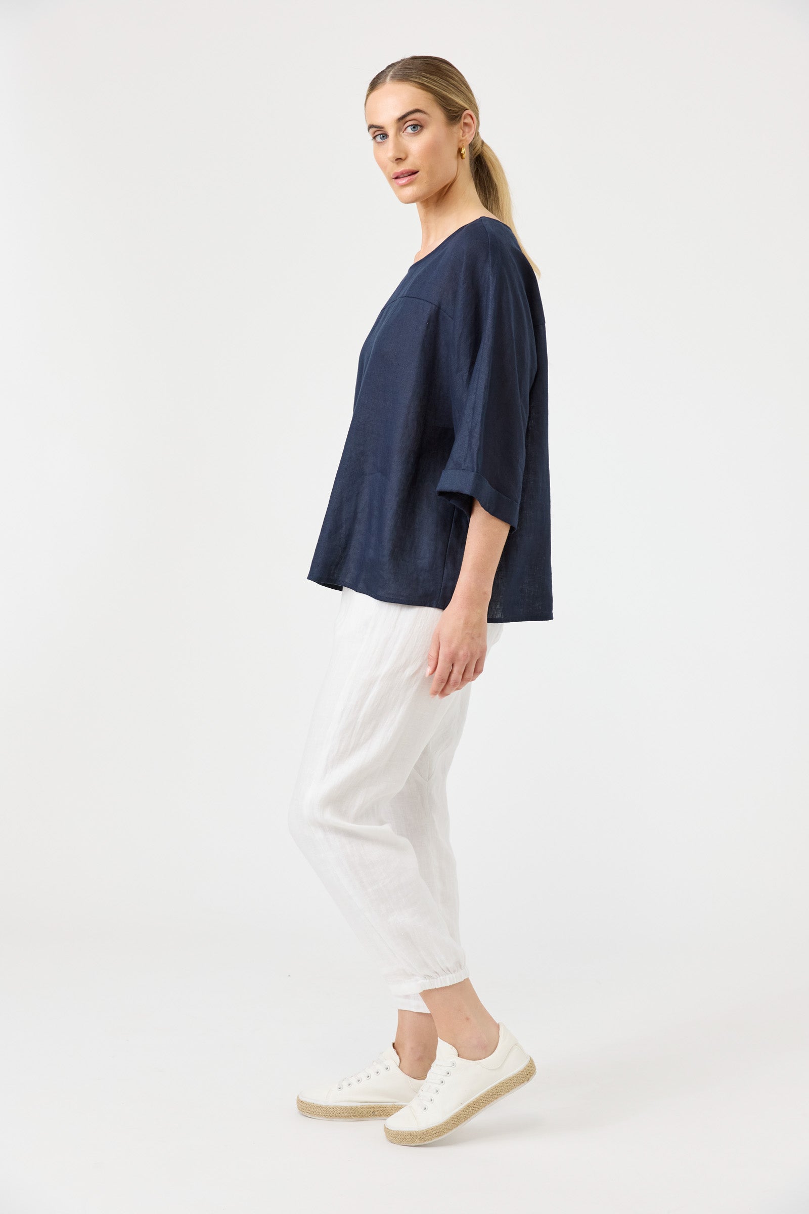Eb&Ive Studio linen relaxed Navy top three-quarter length sleeve relaxed fit evening work wear Ink Linen Blouse long sleeve Oversized Black Linen Top