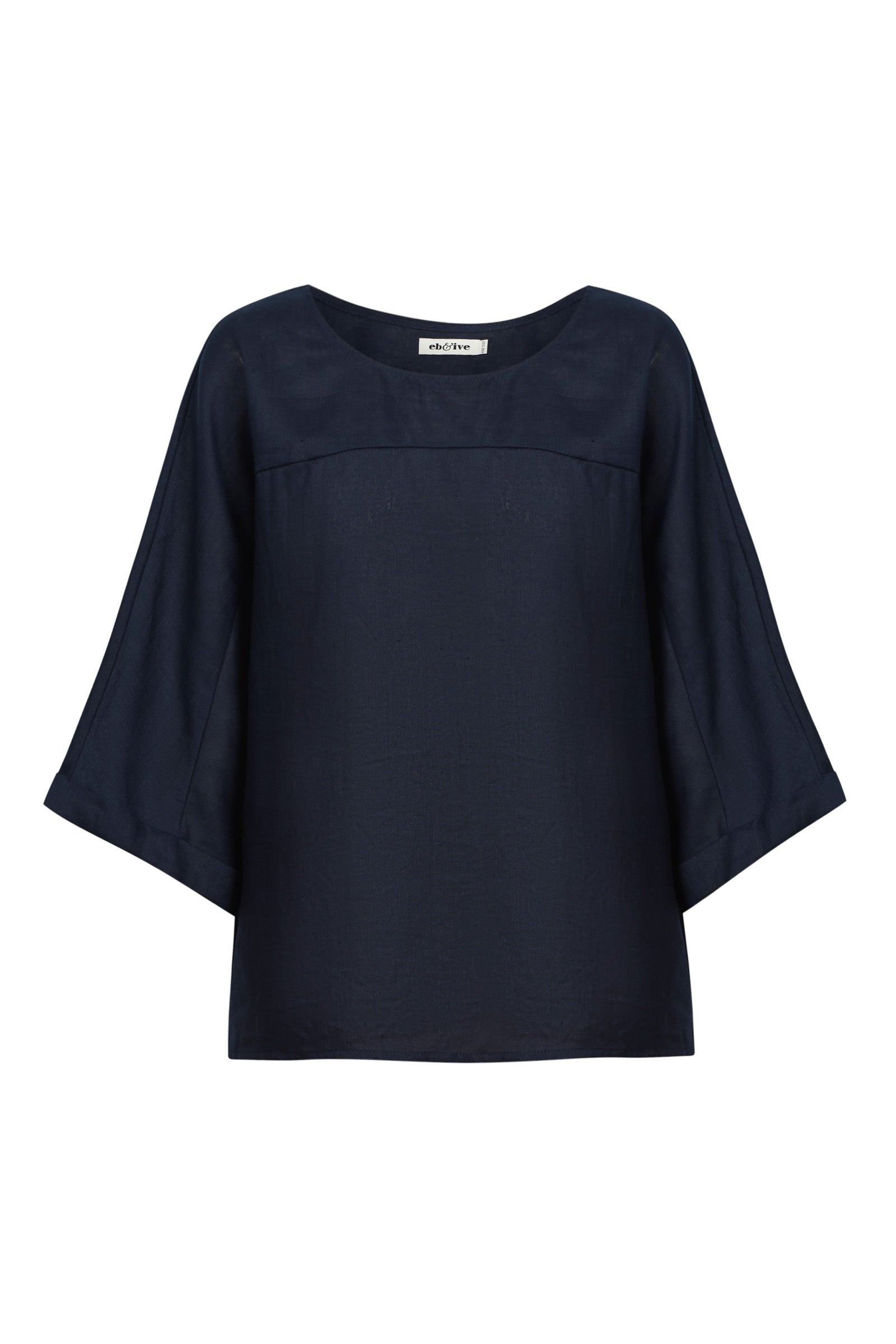 Eb&Ive Studio linen relaxed Navy top three-quarter length sleeve relaxed fit evening work wear Ink Linen Blouse long sleeve Oversized Black Linen Top