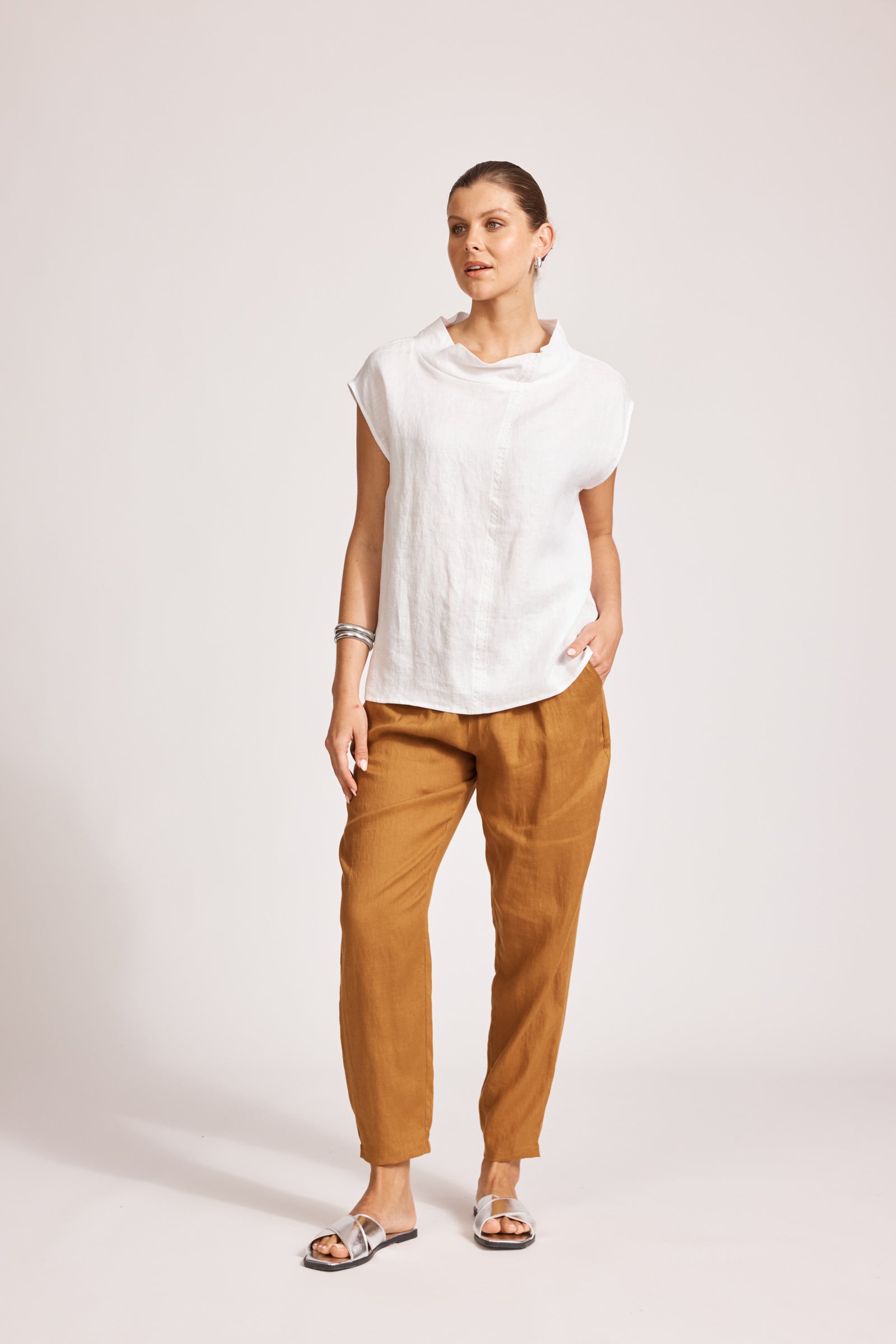 Eb&Ive Miramar Linen cowl neck shell top Short sleeve work travel and weekend summer top lagoon blue