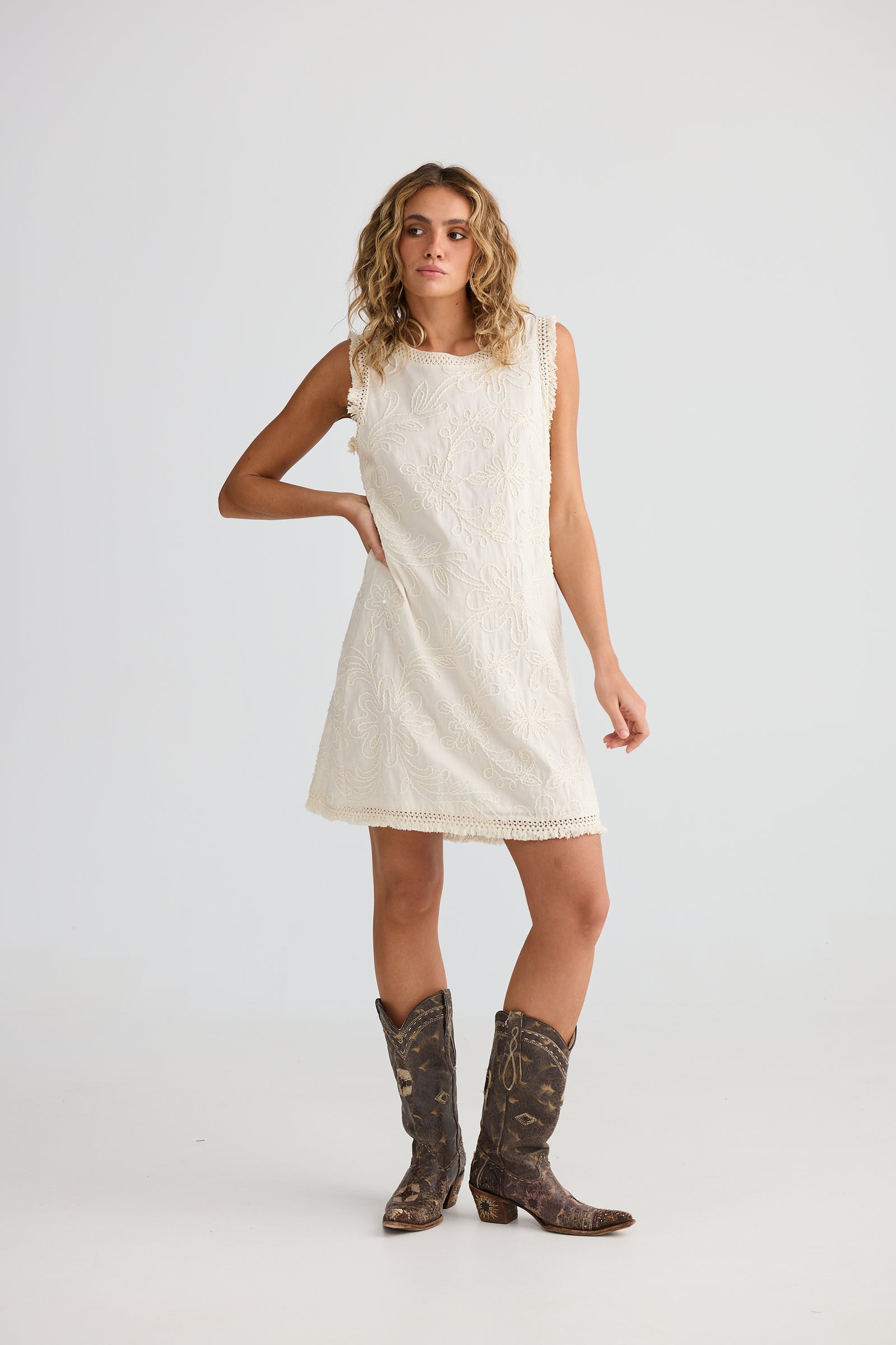 Talisman Chantilly lace Dress cotton with embroidery and fringe edges. Summer bohemian Shift dress