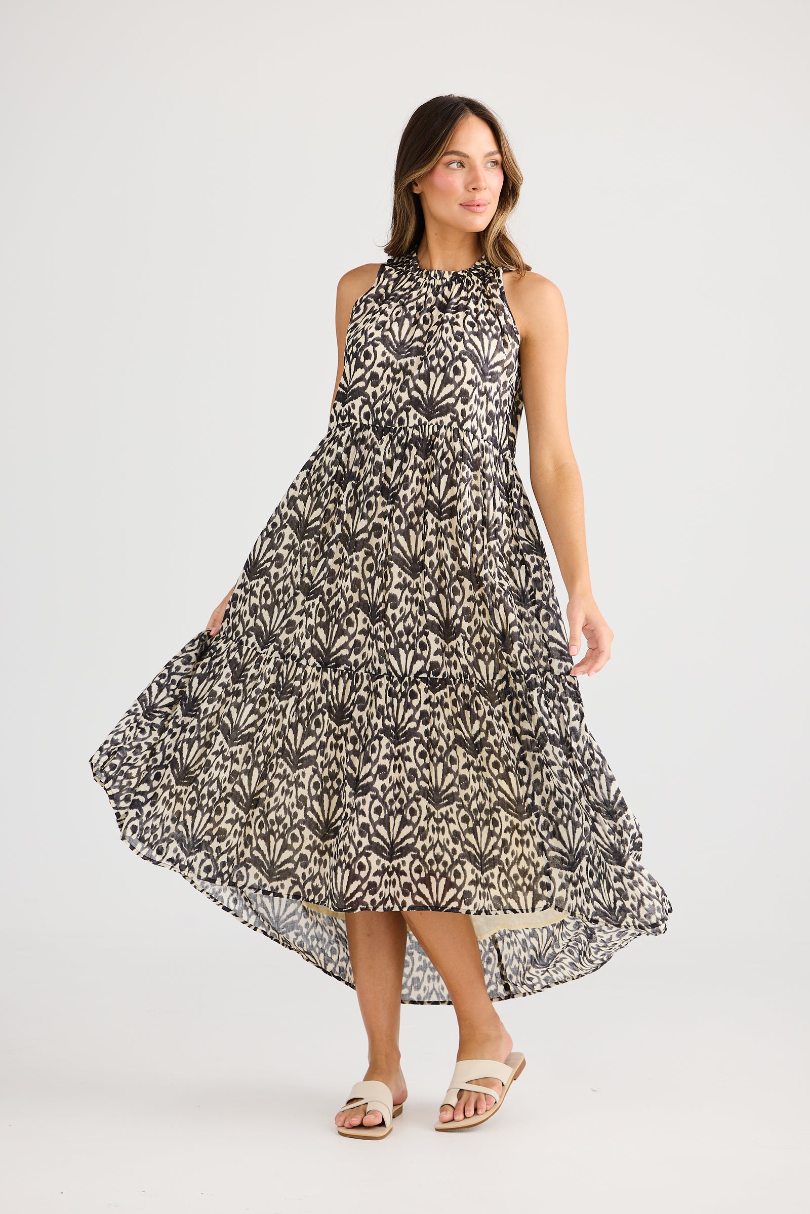 Holiday trading Margot Dress spring fan summer cotton maxi sleeveless black white espresso print