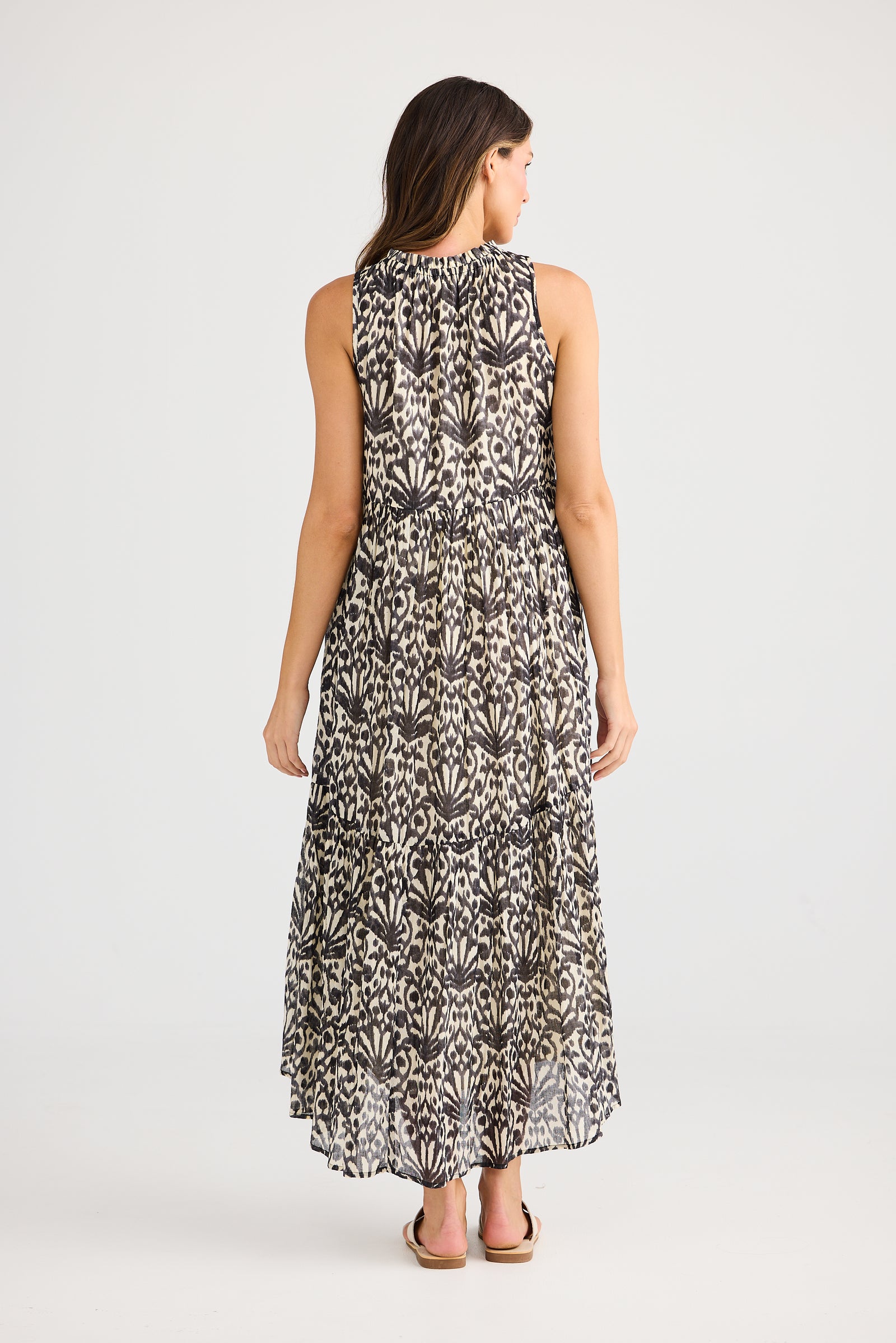 Holiday trading Margot Dress spring fan summer cotton maxi sleeveless black white espresso print