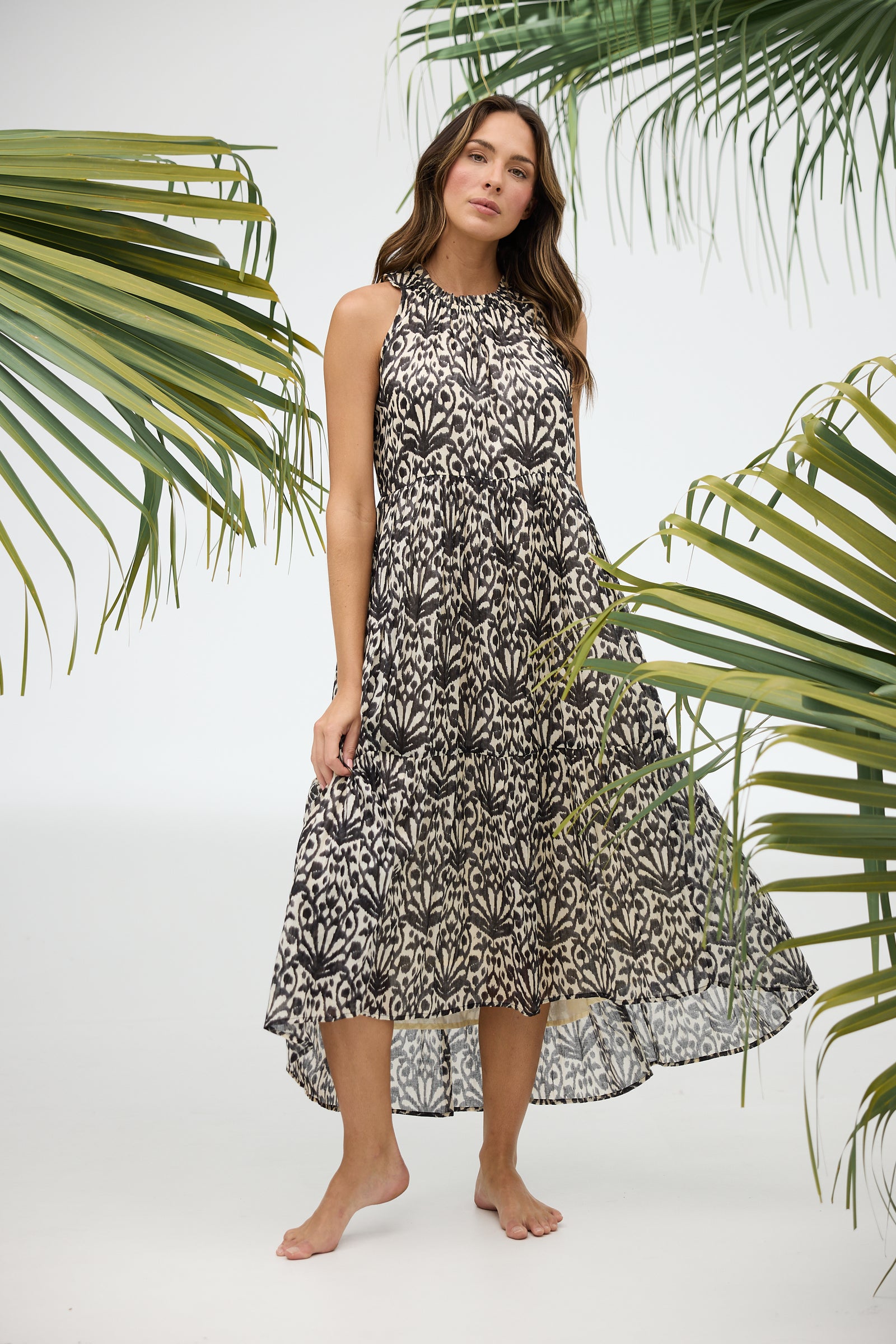 Holiday trading Margot Dress spring fan summer cotton maxi sleeveless black white espresso print