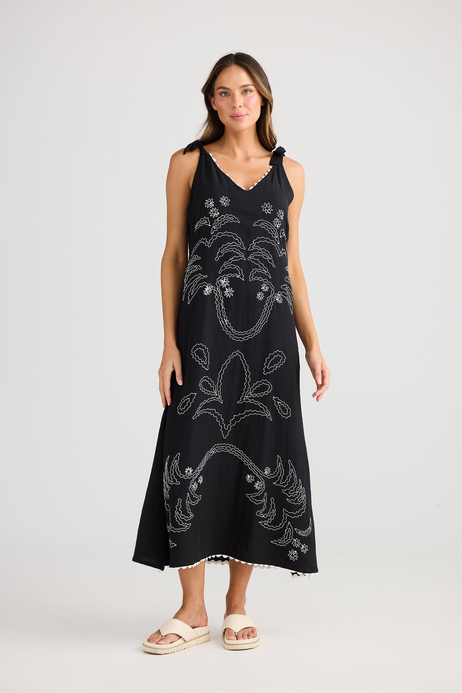 Holiday Trading Deira Dress black with embroidered palm print White Tie shoulders maxi length Summer Dress