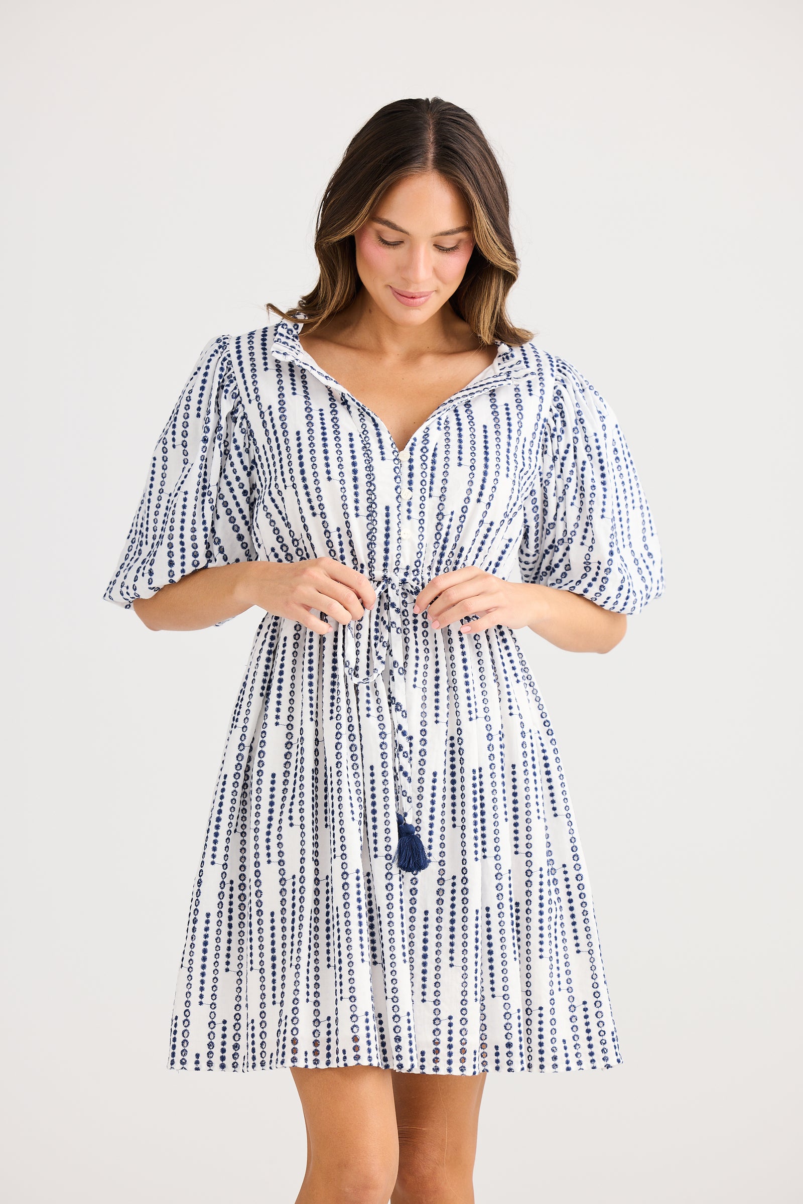 Holiday Trading Island Time Sress Sea bubble navy embroidery polka dot cotton shirt dress knee length with waist tie and sleeve