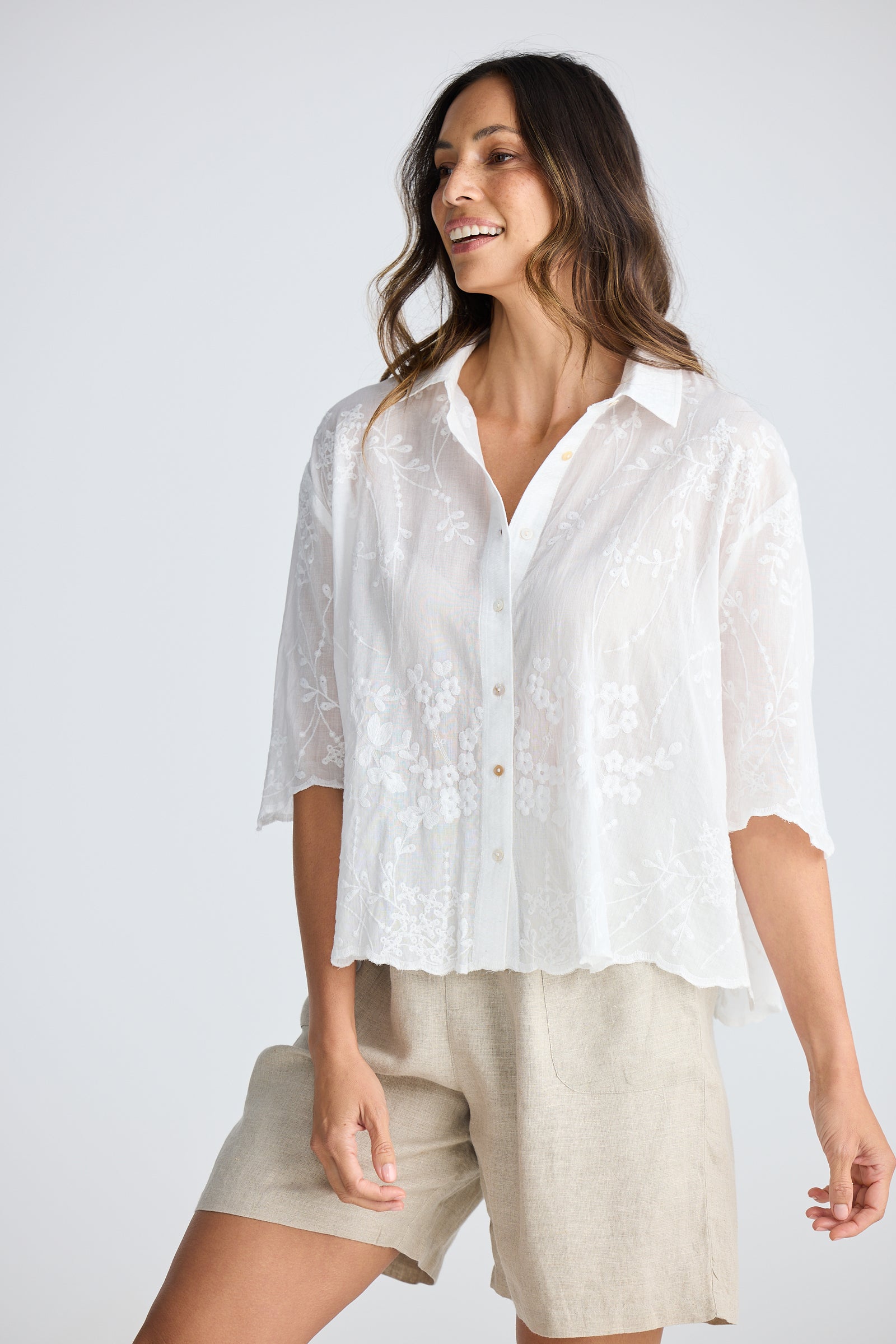 Offredo Shirt - White Cotton Embroidered