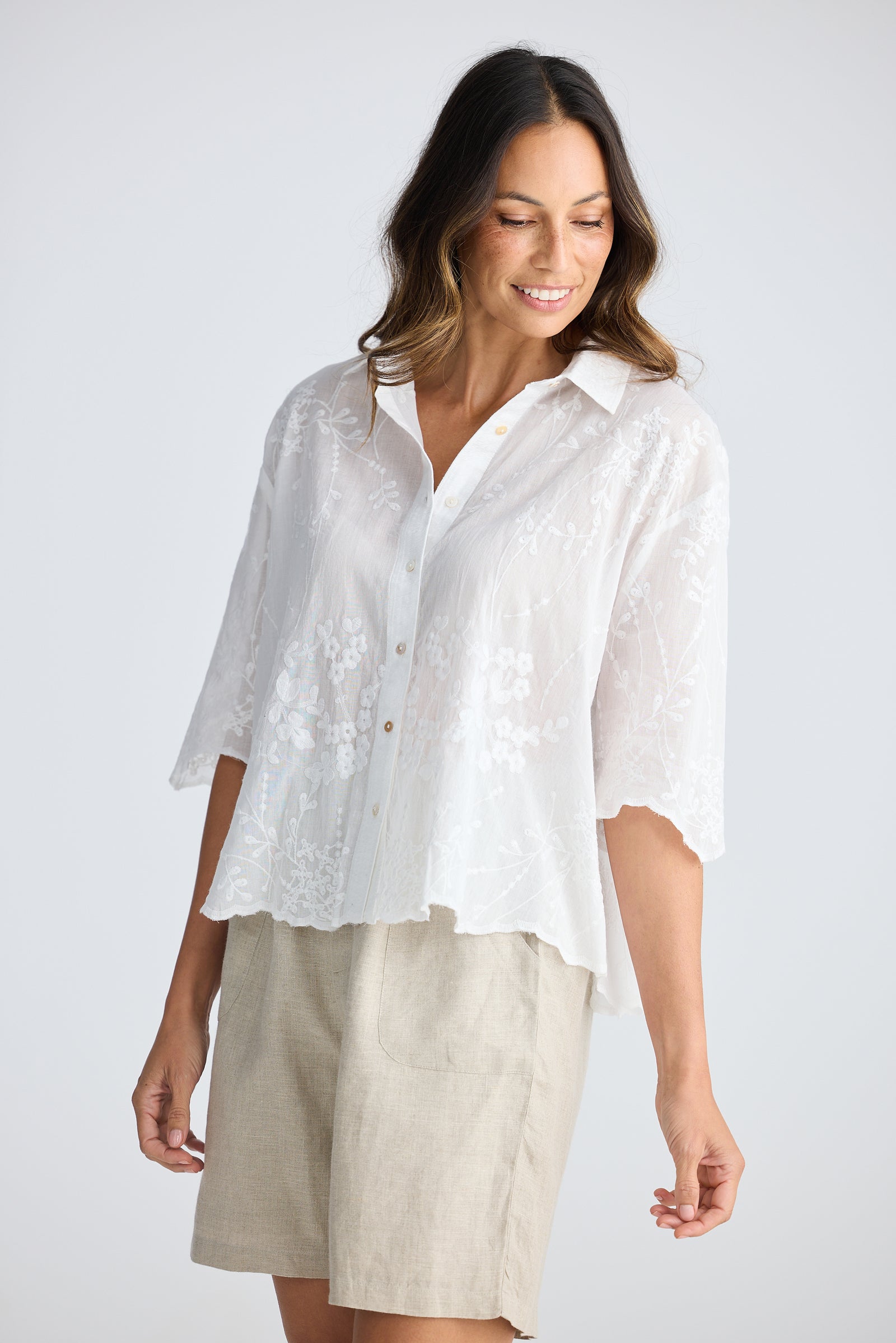 Offredo Shirt - White Cotton Embroidered