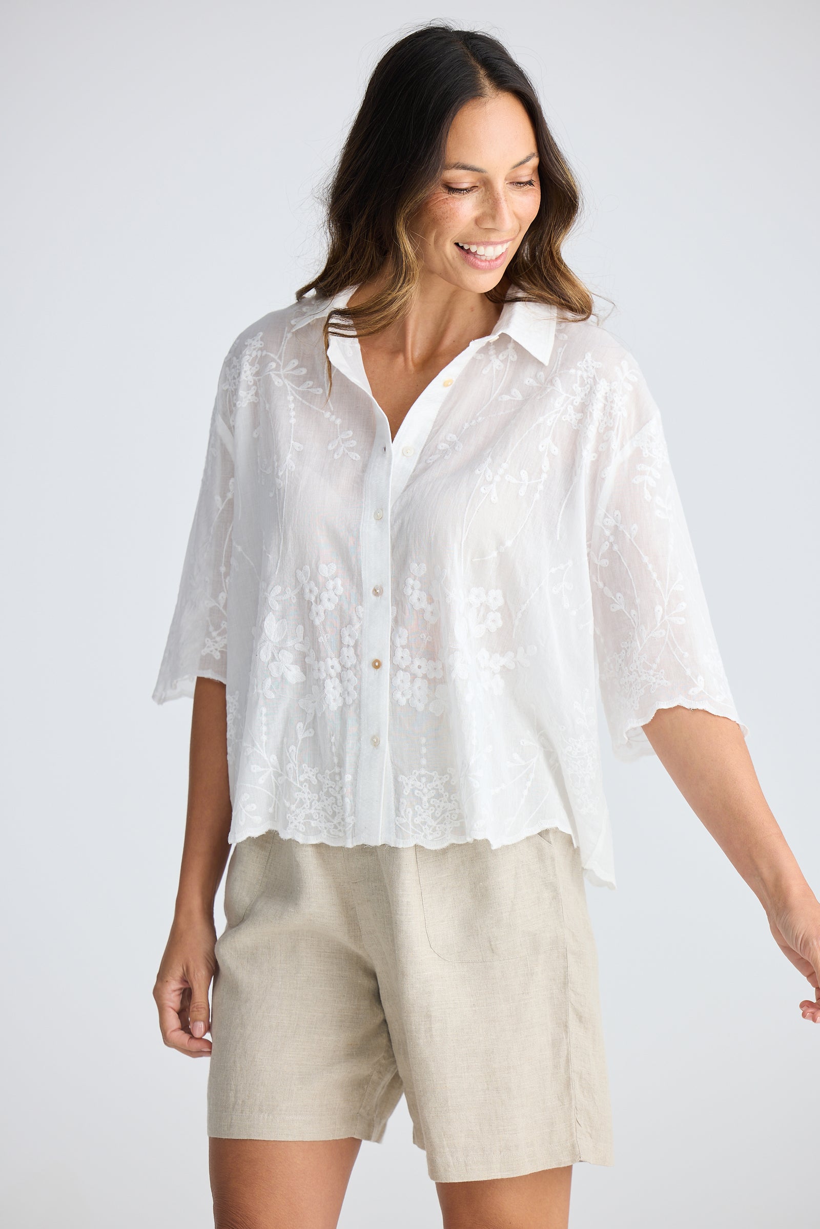 Offredo Shirt - White Cotton Embroidered