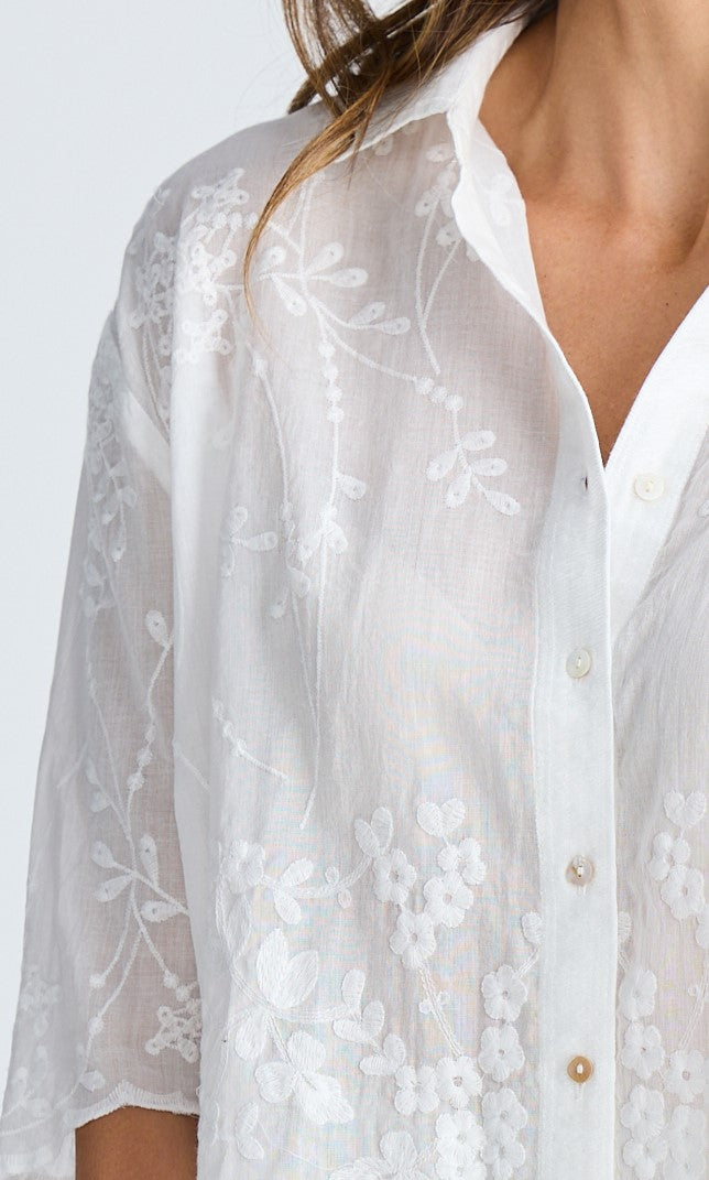 Offredo Shirt - White Cotton Embroidered