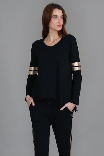 Kiara Long Sleeve T Shirt - Gold Stripe Black