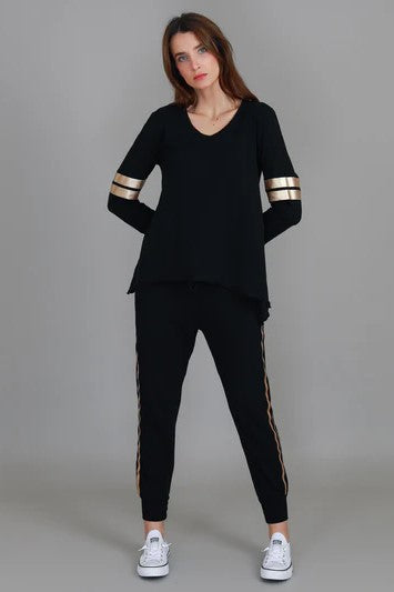 Kiara Long Sleeve T Shirt - Gold Stripe Black